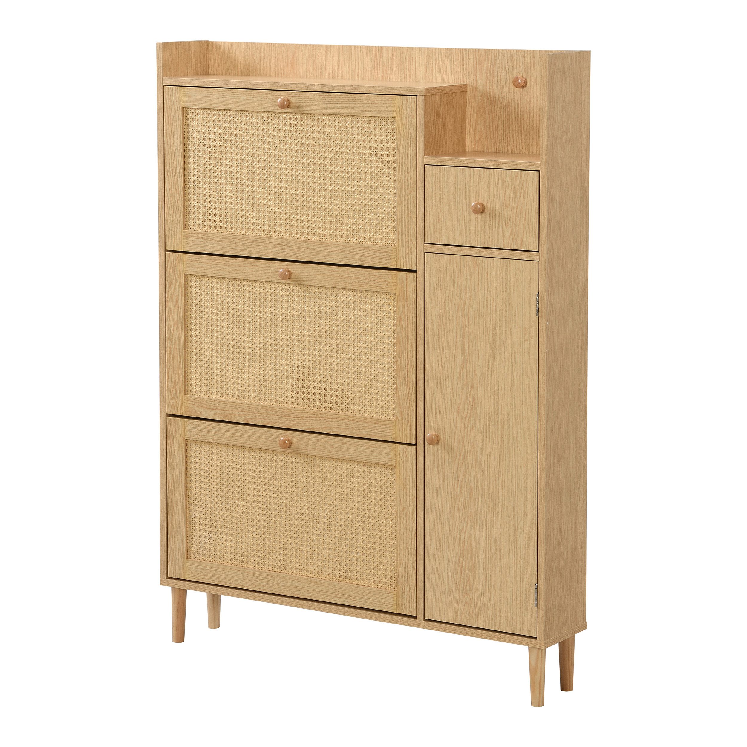 KLAM HOME Schuhschrank Holzwerkstoff Schuhschrank aus Rattan,mit 3 Kipp-Türen und 1 Schublade Massivholzbeinen und Griffen – Maße: B90/H125/T17 cm