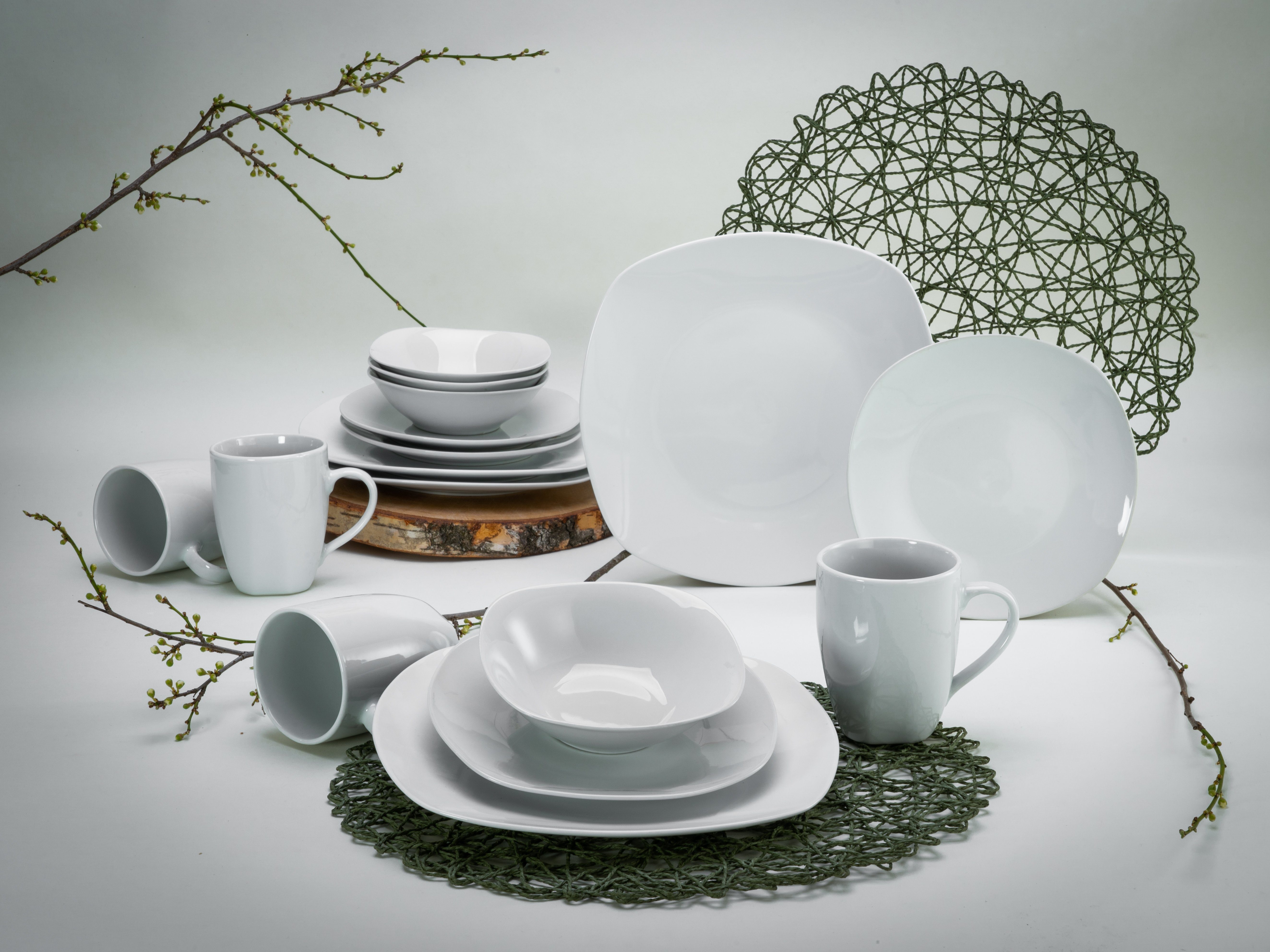 CreaTable Kombiservice Geschirr-Set Square (16-tlg), 4 Personen, Porzellan, Service, weiß, 16 Teile, für 4 Personen