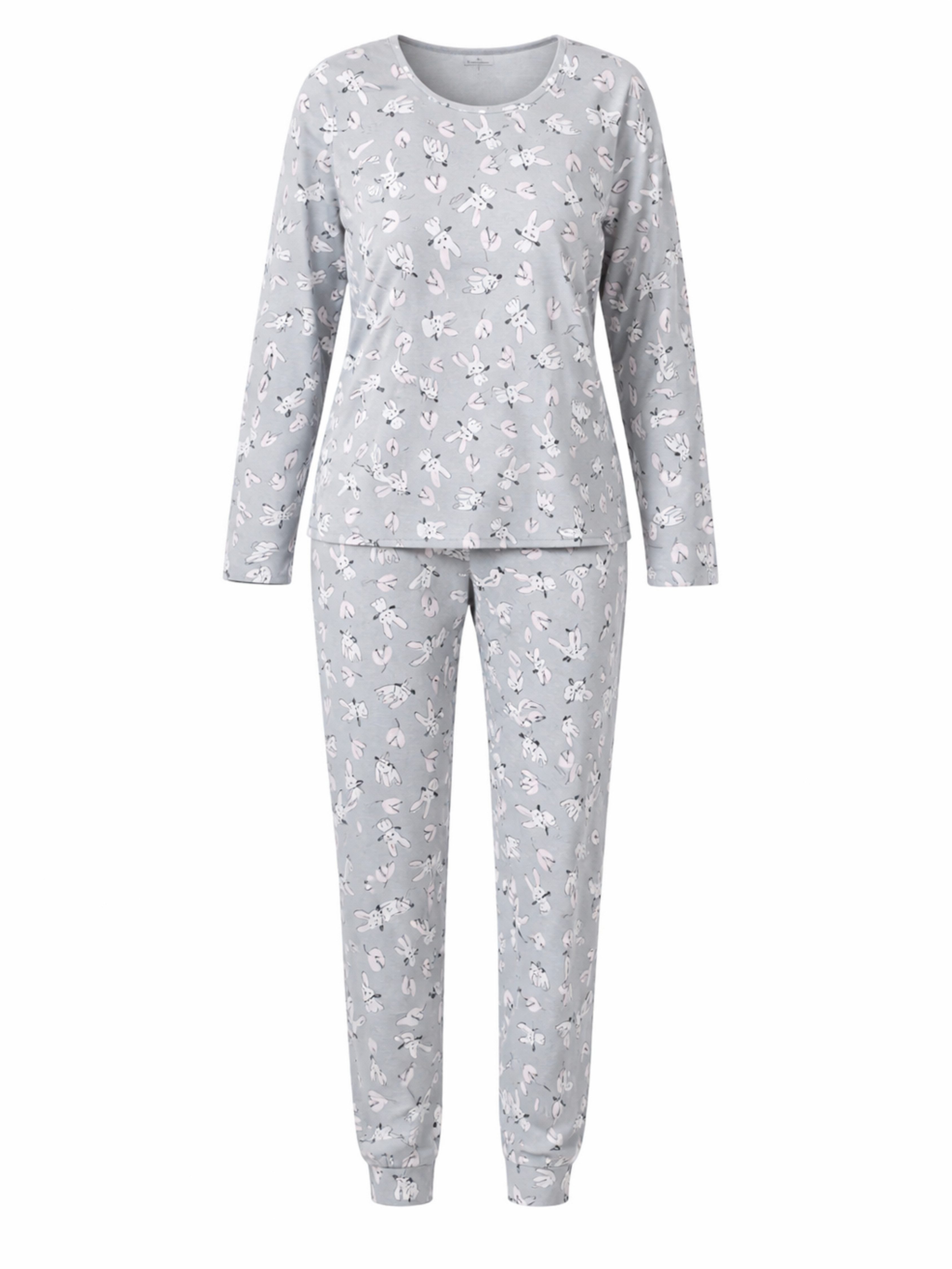 Donna Pyjama Langarm Schlafanzug mit Bündchen mit Häschen-Motivdruck
