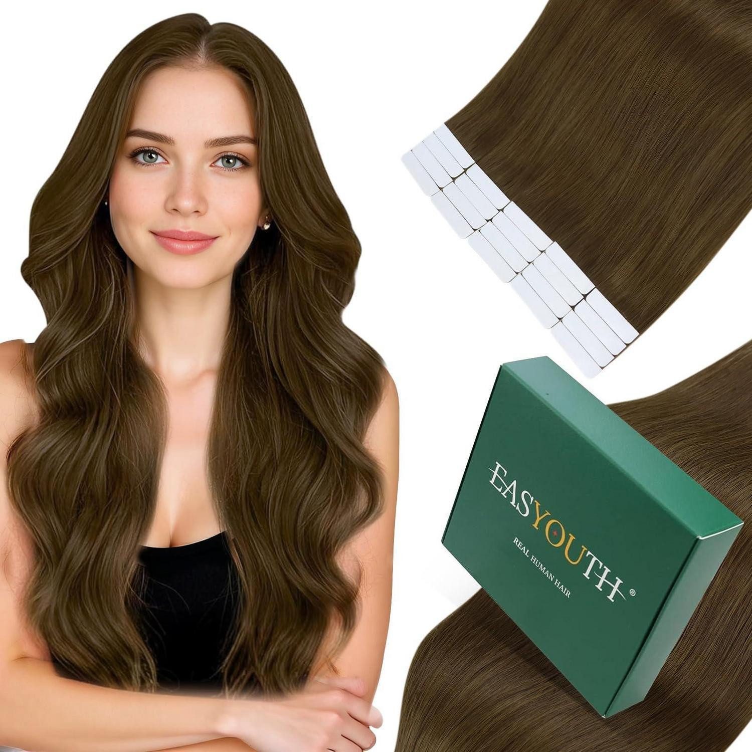 Echthaar-Extension Extensions Tape Echthaar Remy Mittelbraun Glatt 30g 1-14 #4 30 cm