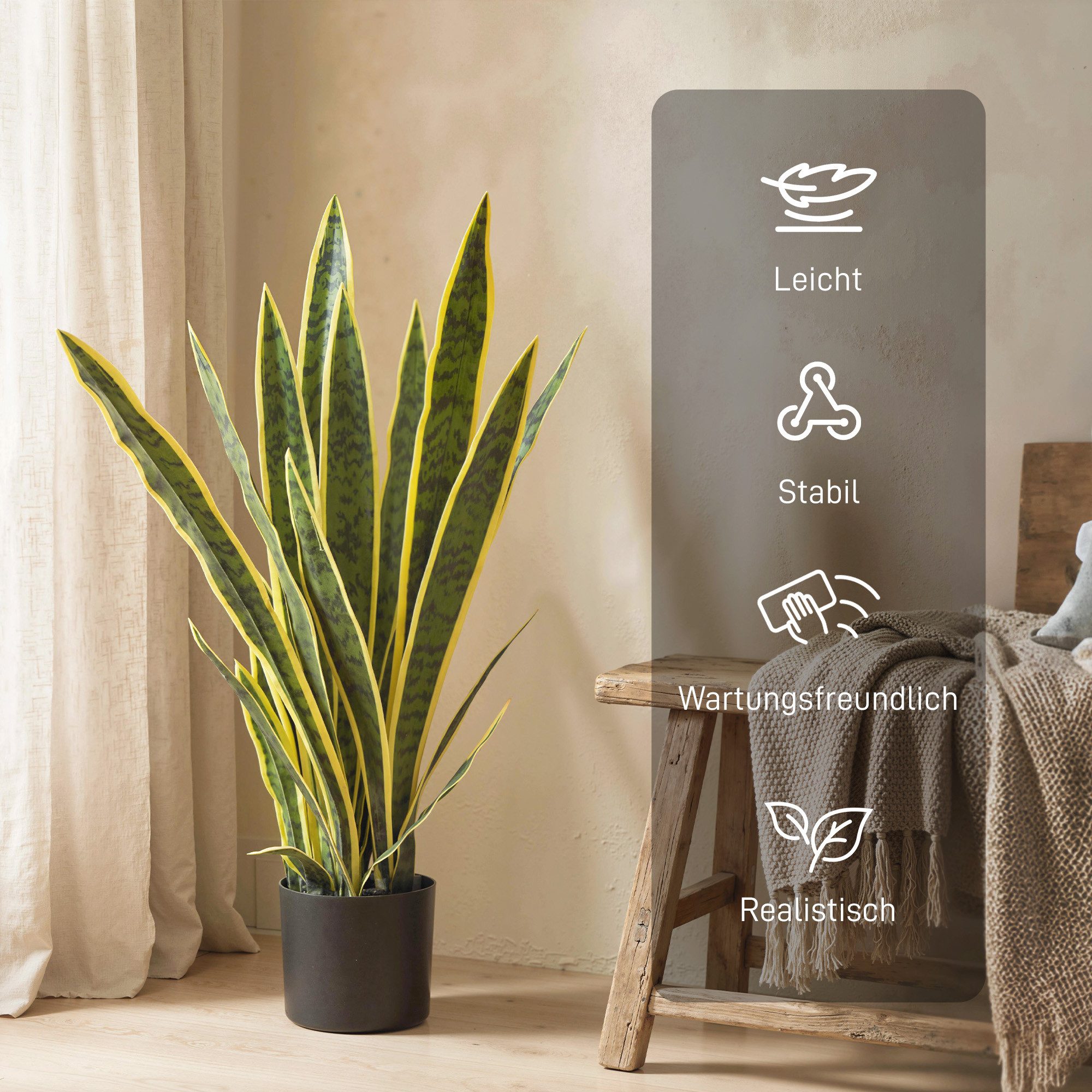 Kunstpflanze Künstliche Sansevieria, Pflanzen im Topf, Fake Plant wie echt Bogenhanf, Outsunny, Höhe 77 cm, 21 Blätter, biegsame Zweige, wartungsfrei – Bild 5 von 5