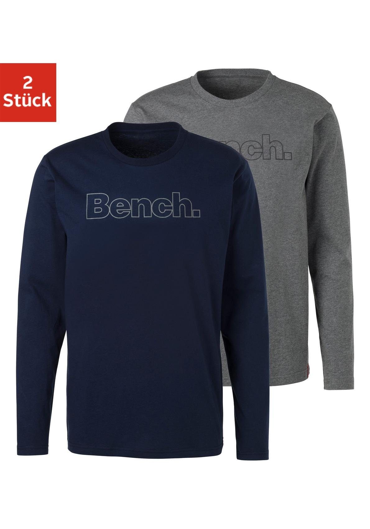 [Super günstig ☆ Auf 8 Tage begrenzt] Bench. Loungewear Langarmshirt grau-meliert Bench. (2-tlg) vorn Print mit navy