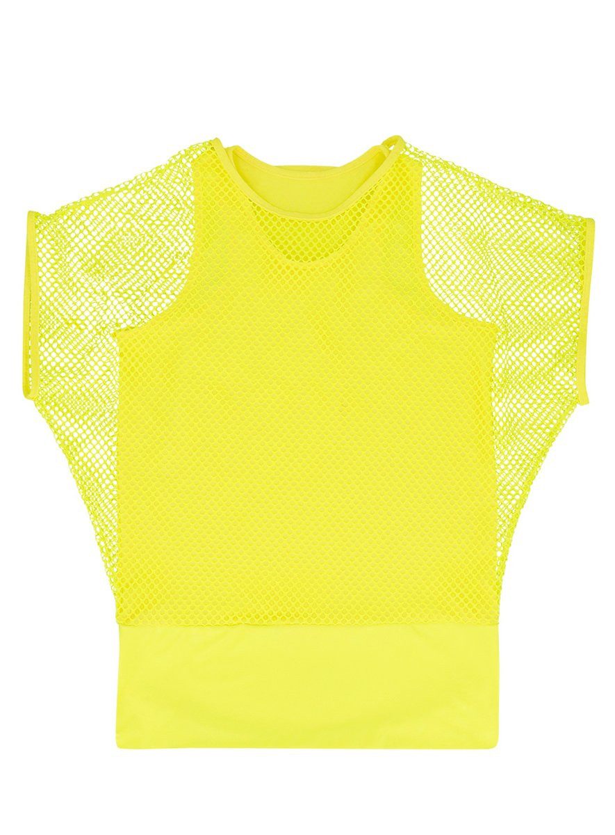 Boland Kostüm Kurzarm Netzhemd neon-gelb, Blickdichtes Tanktop mit übergestülptem Netzshirt