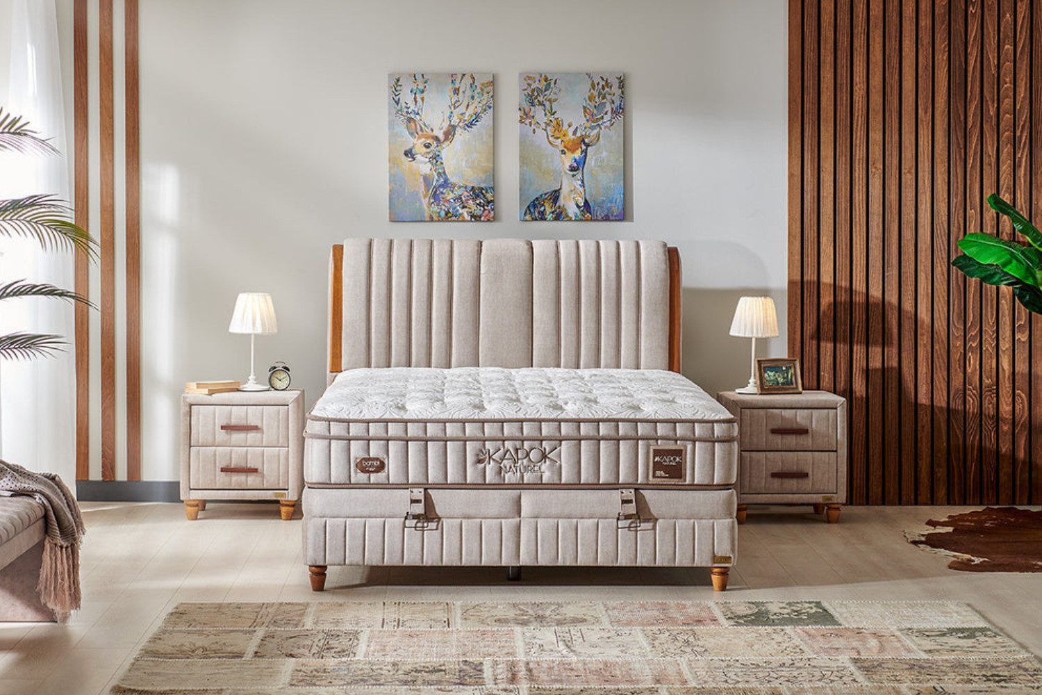 BAMBI YATAK Boxspringbett Set mit Bettkasten, Bambi Kapok Naturel, Schlafzimmerbett, H3 - Mittel (1 x Matratze, 2 x Bettkasten, 1 x Bettkopfteil), Taschenfederkern, Hyper-Schaum, Komfortschicht, Matratzenhöhe: 31 cm