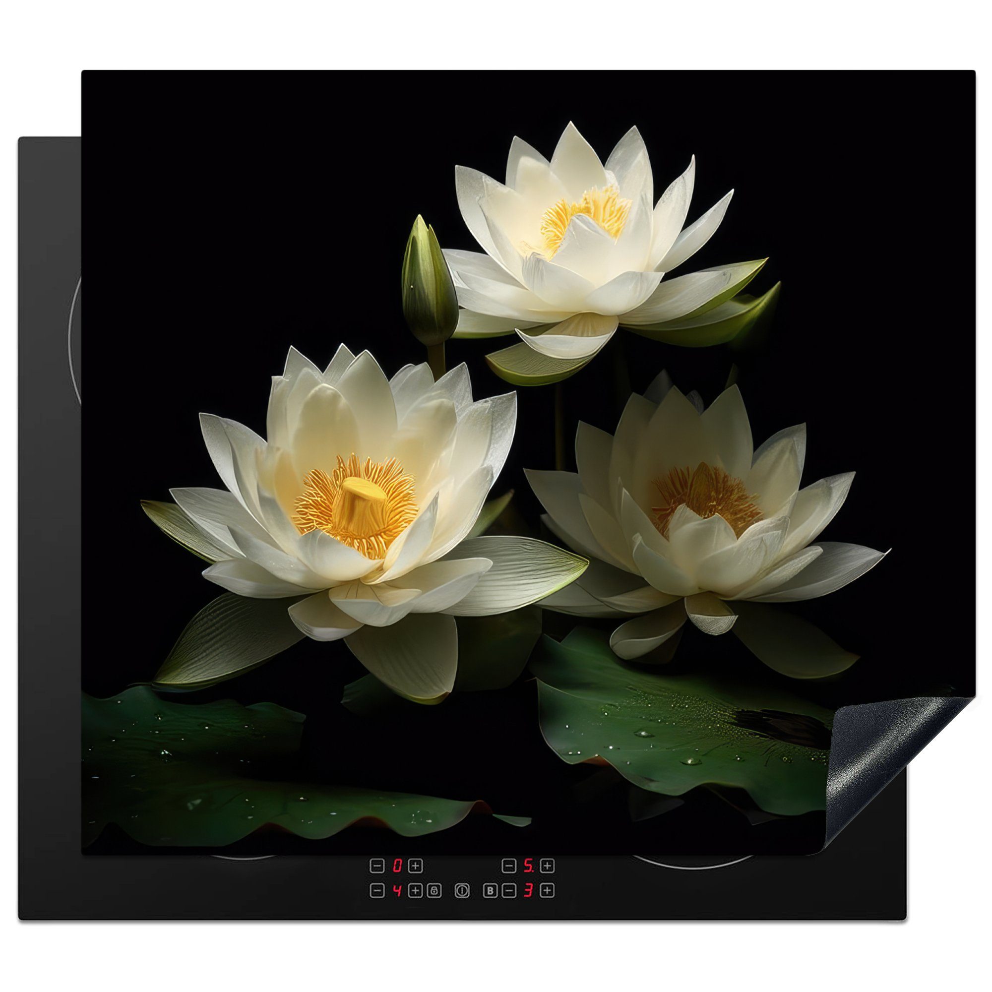 MuchoWow Herdblende-/Abdeckplatte Lotus - Blumen - Weiß - Natur - Schwarz, Vinyl, (1 tlg), 60x52 cm, Mobile Arbeitsfläche nutzbar, Ceranfeldabdeckung