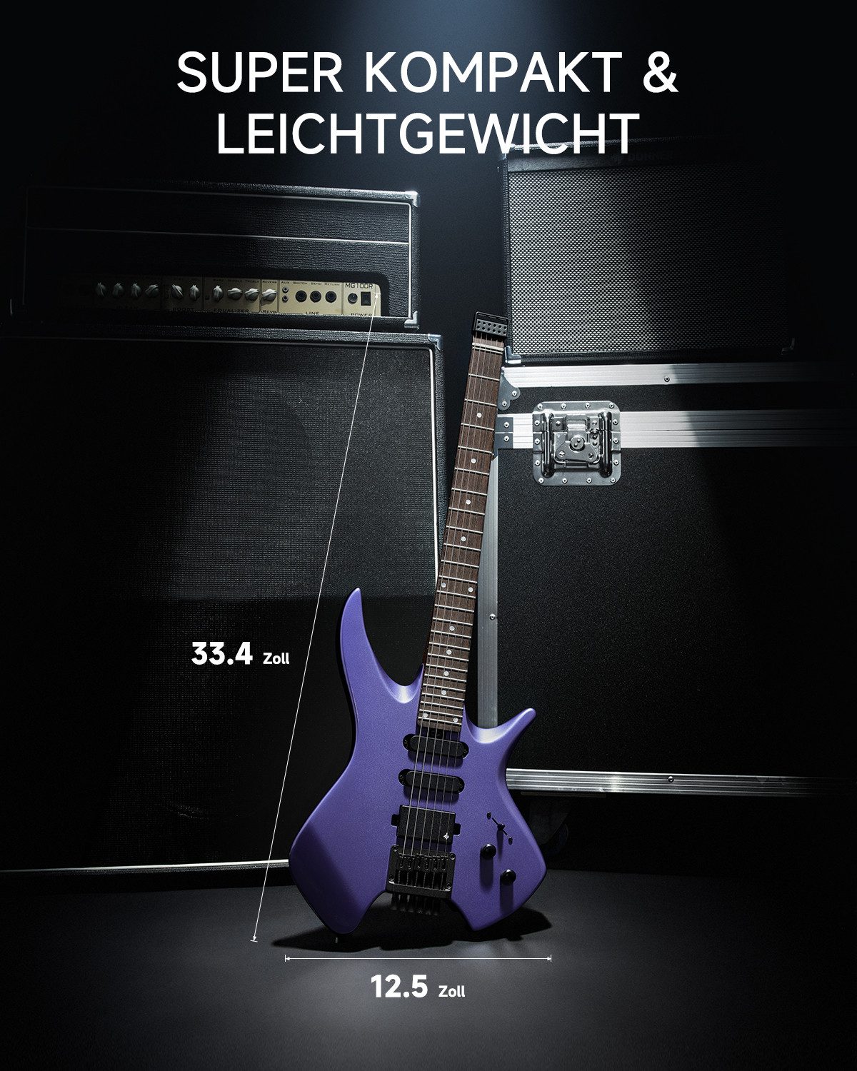 Donner E-Gitarre Headless Reisegitarre HSS Pickups, 2.4kg leicht, inkl. Tasche, HLX-500, Modernes Headless-Design, Ausgewogenes Schwerpunkt, Gitarrentasche, Tragegurt, Plektrum, Kompakt & Leicht, Patentiertes Headless-System