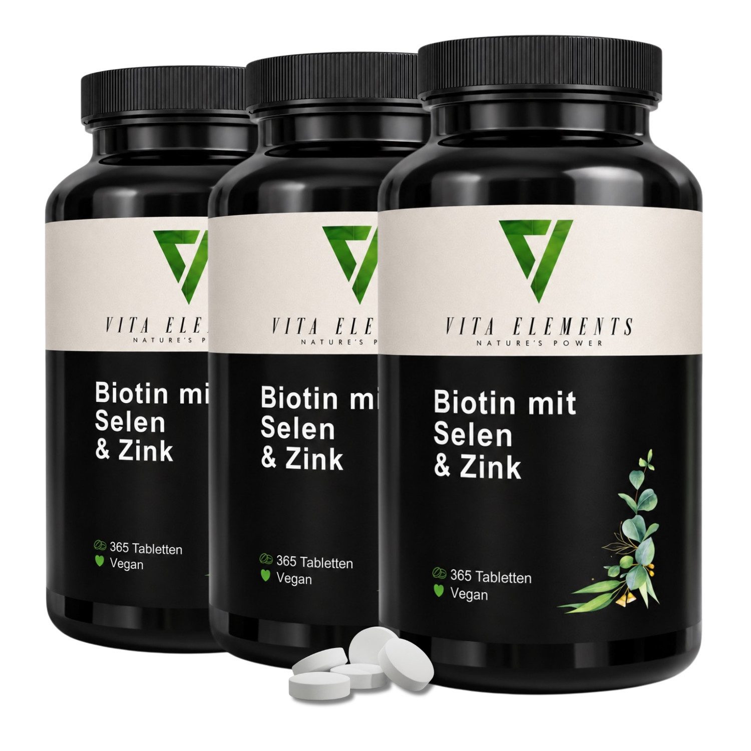 Vita Elements Biotin mit Selen & Zink - 1000µg Biotin, 1095 Tabletten, 3 er Spar-Set à 365 St., Vegan, Gentechnikfrei, Hochdosiert und Laborgeprüft in Deutschland