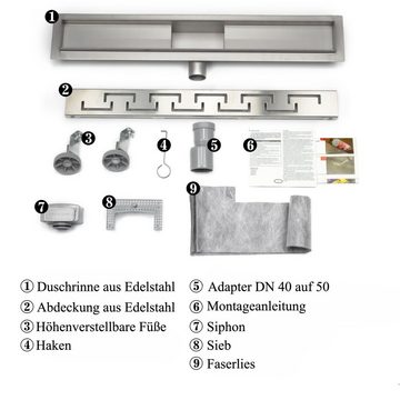 duschspa Duschrinne Edelstahl flach Duschablauf Bodenablauf Ablaufrinne,Griechisch Design mit Siphon, komplettset, 60-100cm höhenverstellbar, selbstreinigend und Geruchssicher