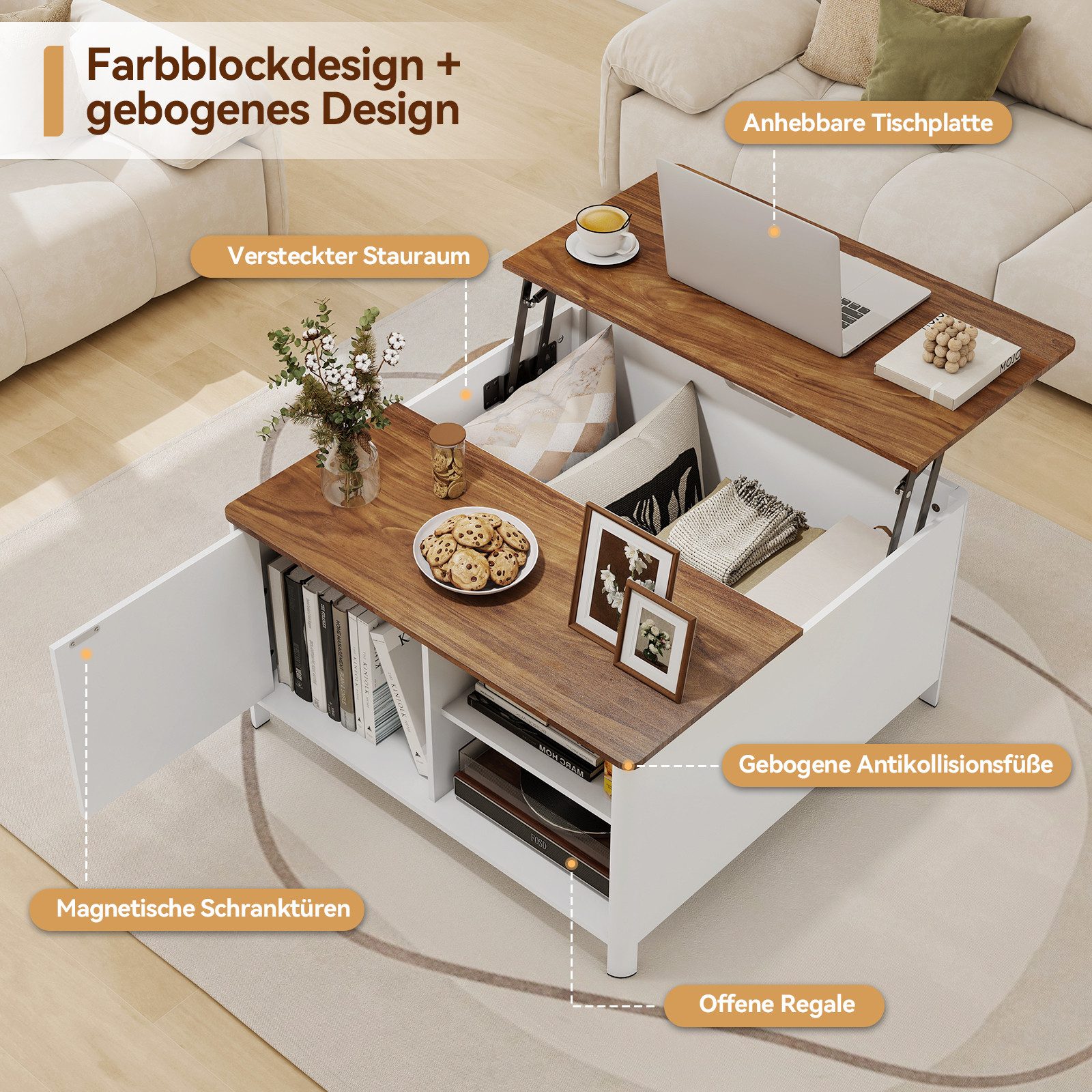 Puluomis Couchtisch Arbeitstisch mit Lift-Mechanismus, Esstisch 80cm