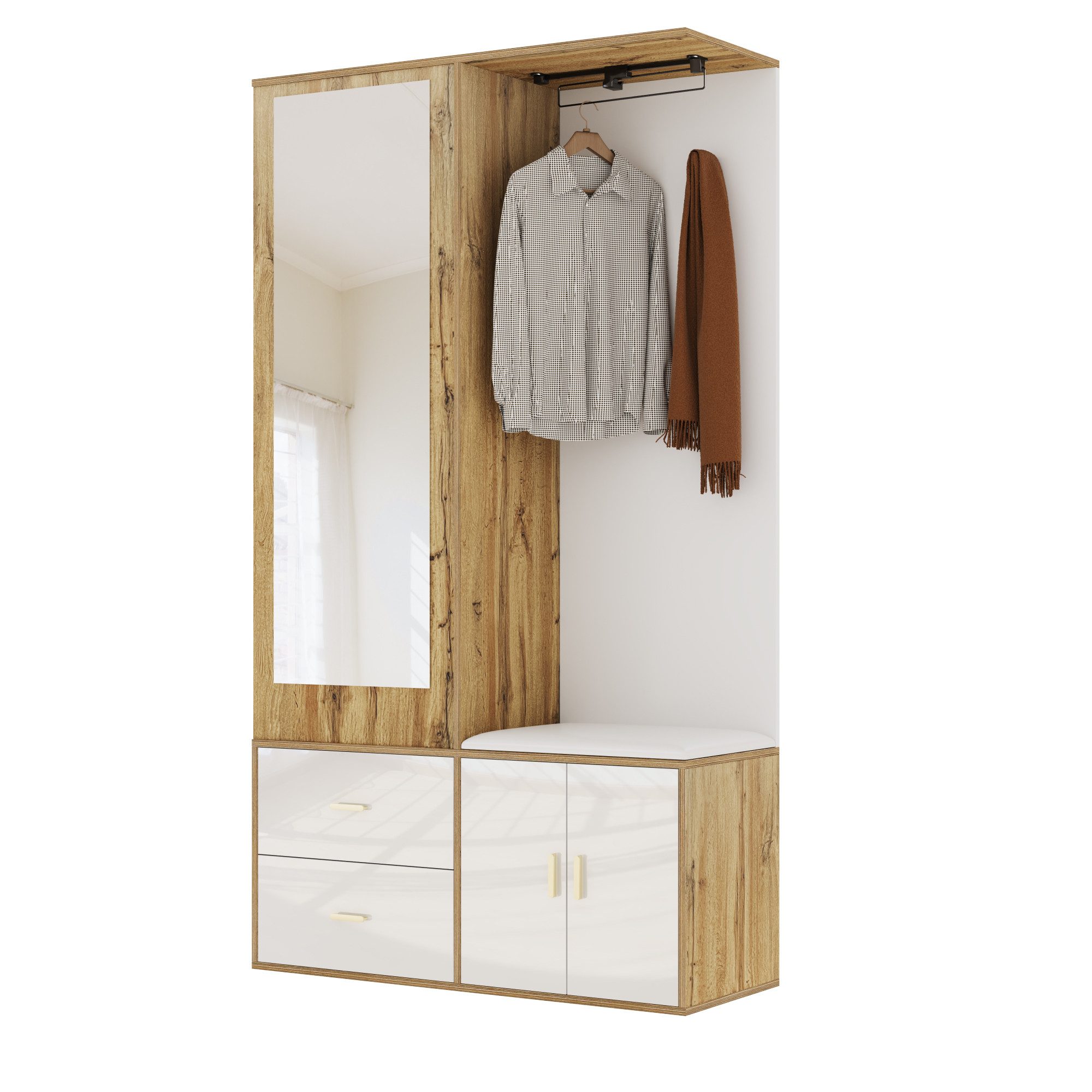 Odikalo Garderoben-Set Kleiderschrank Kleiderablage Schuhschrank Spiegel Haken Stange Weiß, (Produktladung: 50kg)