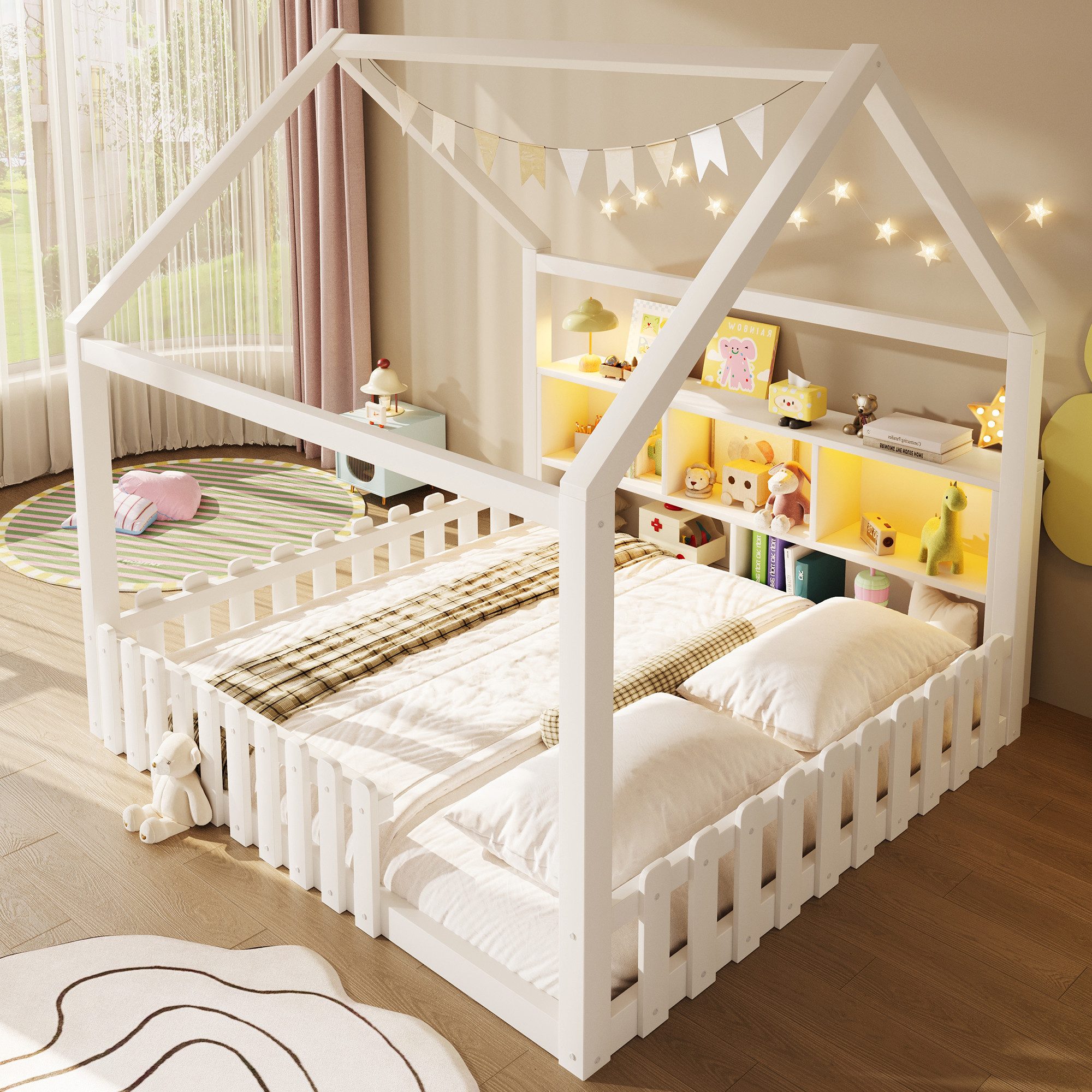 Merax Kinderbett mit LED-Lichtleiste (Kiefer Bodenbett Jugendbett, 1-tlg), Flachbett Hausbett 140x190cm mit LED-Lichtleiste & offenen Staufächern