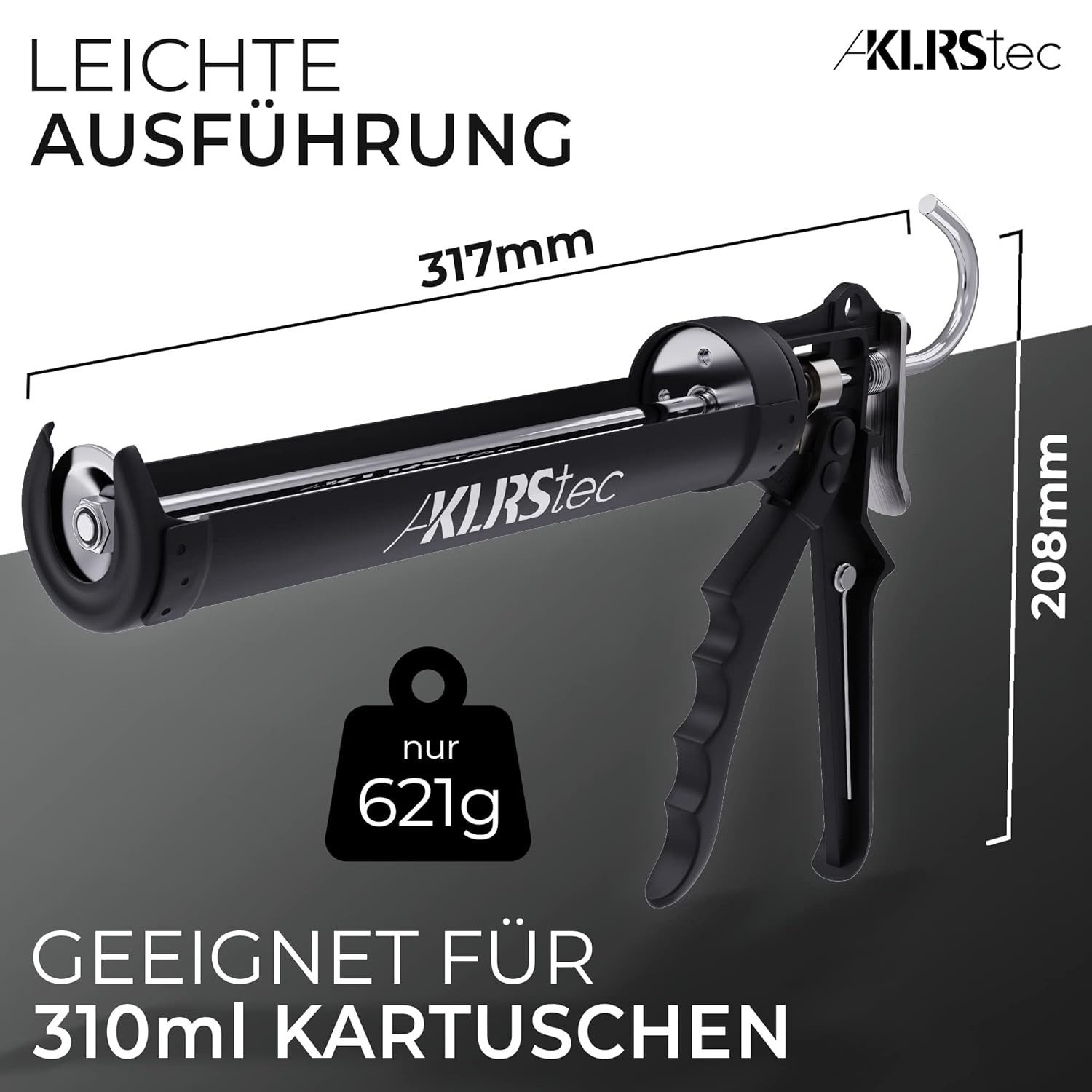 KLRStec Kartuschenpistole mechanisch aus Metall - Hochwertige 2K Silikonpistole/-presse, (zum verfugen mit allen gängigen 310ml Dicht- und Klebstoffkartuschen), (Silikon, Acryl, Lehm etc)