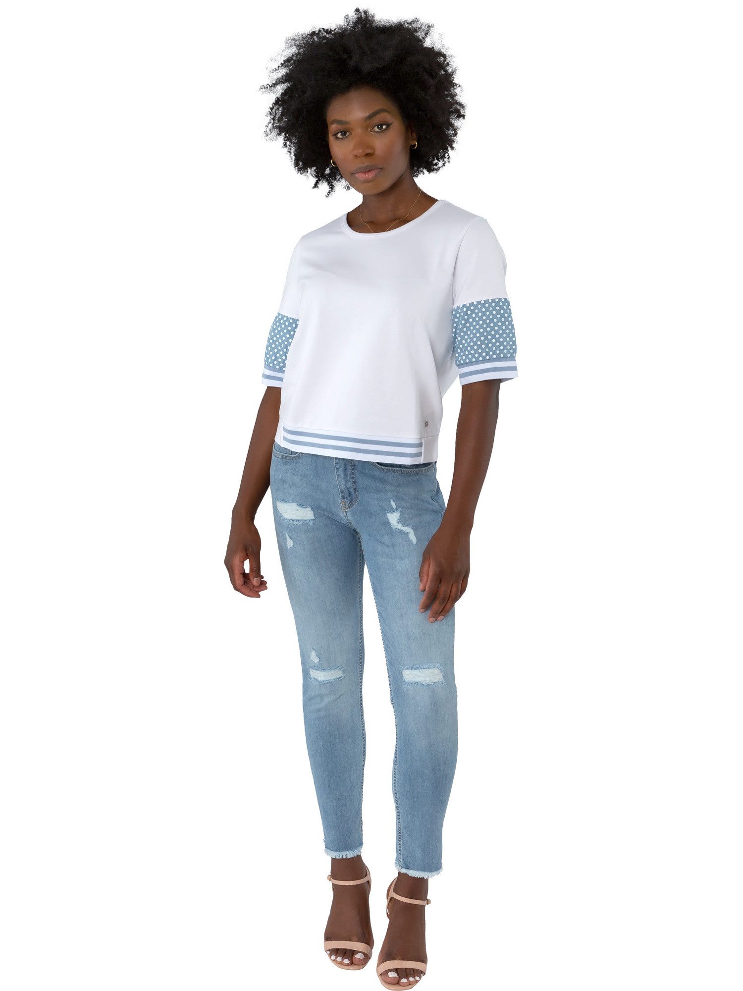 Gio Milano Kurzarmshirt G30-1109 Denim mit Strassapplikationen aufwendige Strassapplikationen
