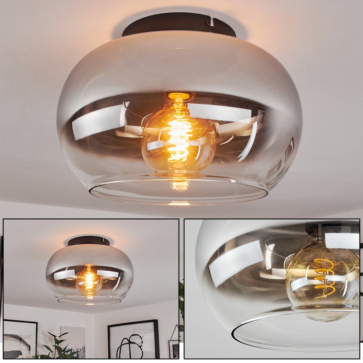 im Deckenlampe 1xE27 Metall/Glas Glas ohne (30cm), Leuchtmittel, in mit Retro/Vintage-Design Schirm aus Leuchte aus hofstein »Cardeto« Deckenleuchte Schwarz/Chromfarben/Klar,