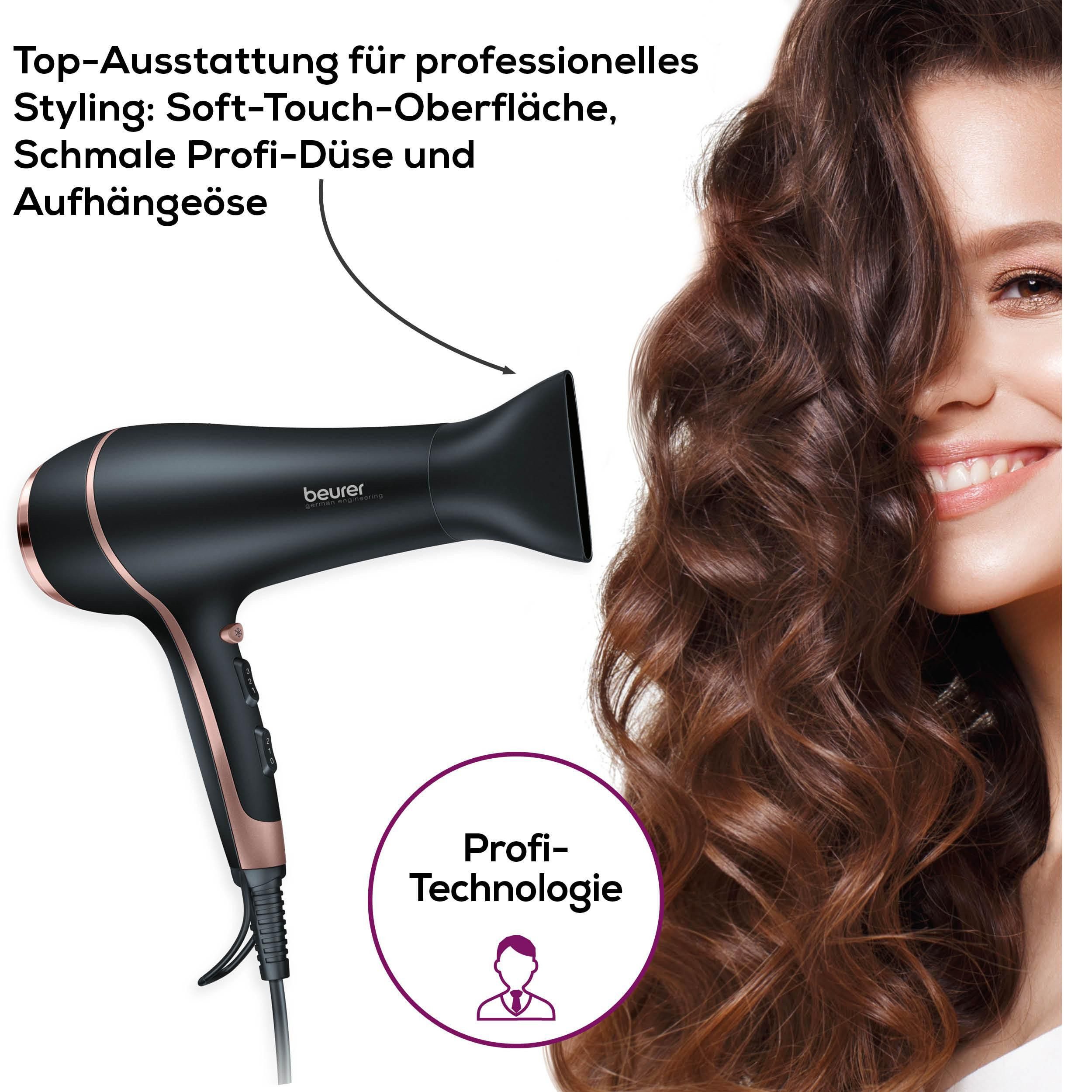 BEURER Haartrockner HC 30 hochwertig verchromter Föhn mit extra starker Leistung, 2200 W, Fixierung des Stylings dank Kaltluftstufe schwarz