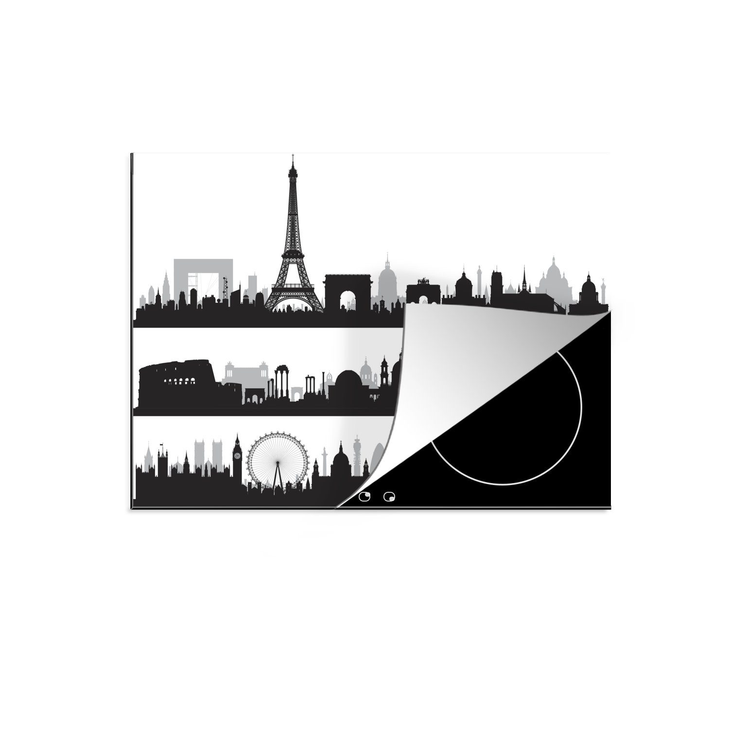 MuchoWow Herdblende-/Abdeckplatte Schwarz-Weiß-Illustration der Skyline von drei Großstädten, Vinyl, (1 tlg), 70x52 cm, Mobile Arbeitsfläche nutzbar, Ceranfeldabdeckung