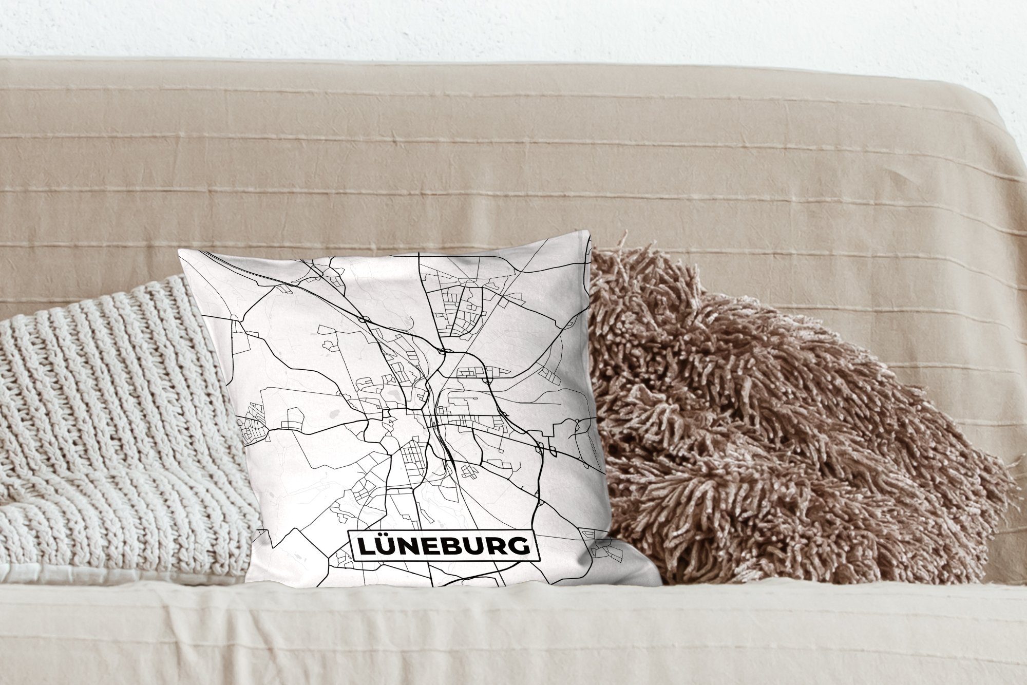 MuchoWow Wohzimmer, Zierkissen Deko, für Karte Dekokissen - Füllung Sofakissen Stadtplan, Lüneburg - Schlafzimmer, mit