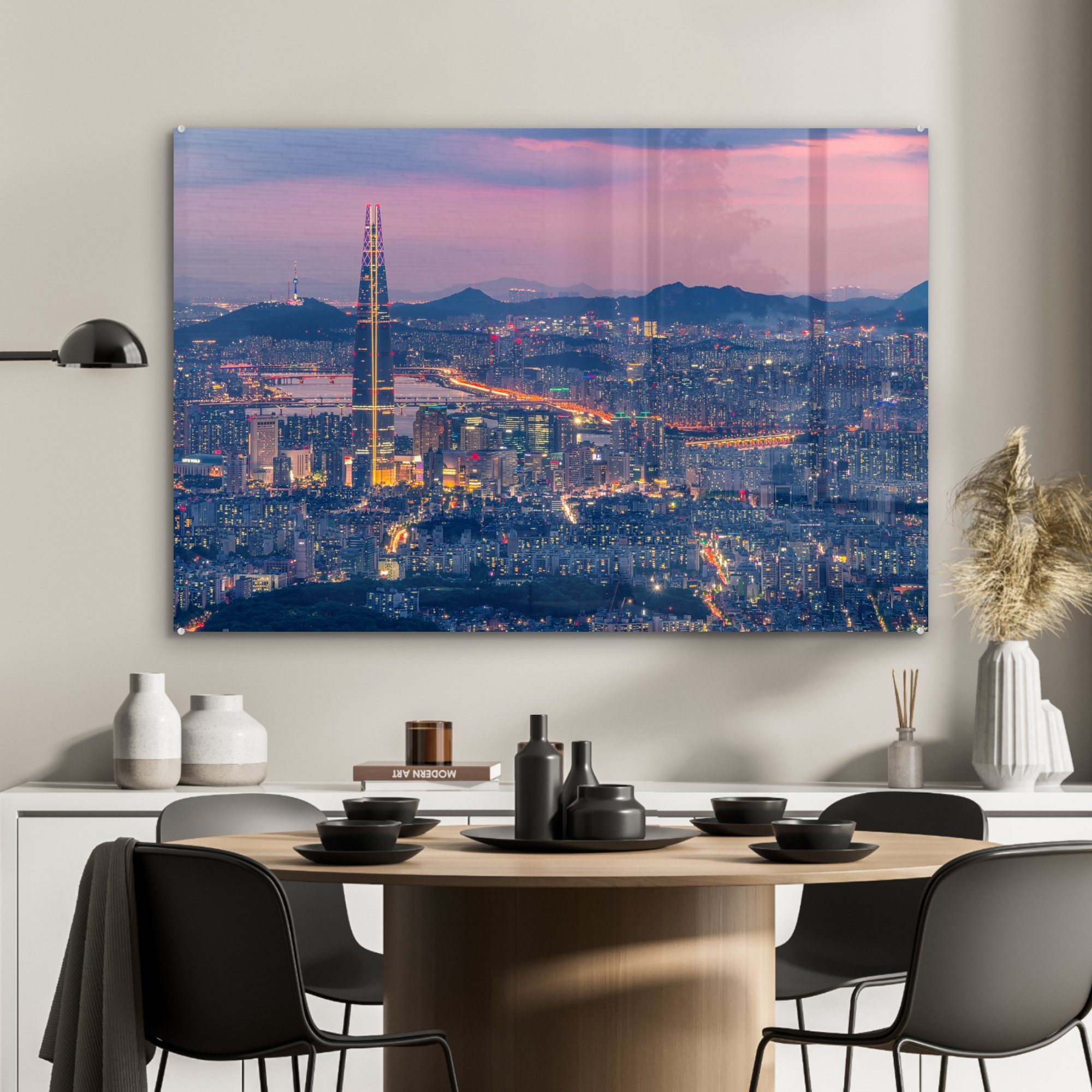 St), hohen & Acrylglasbilder Türmen, Wohnzimmer mit MuchoWow Seoul seinen Blick auf Acrylglasbild (1 Schlafzimmer