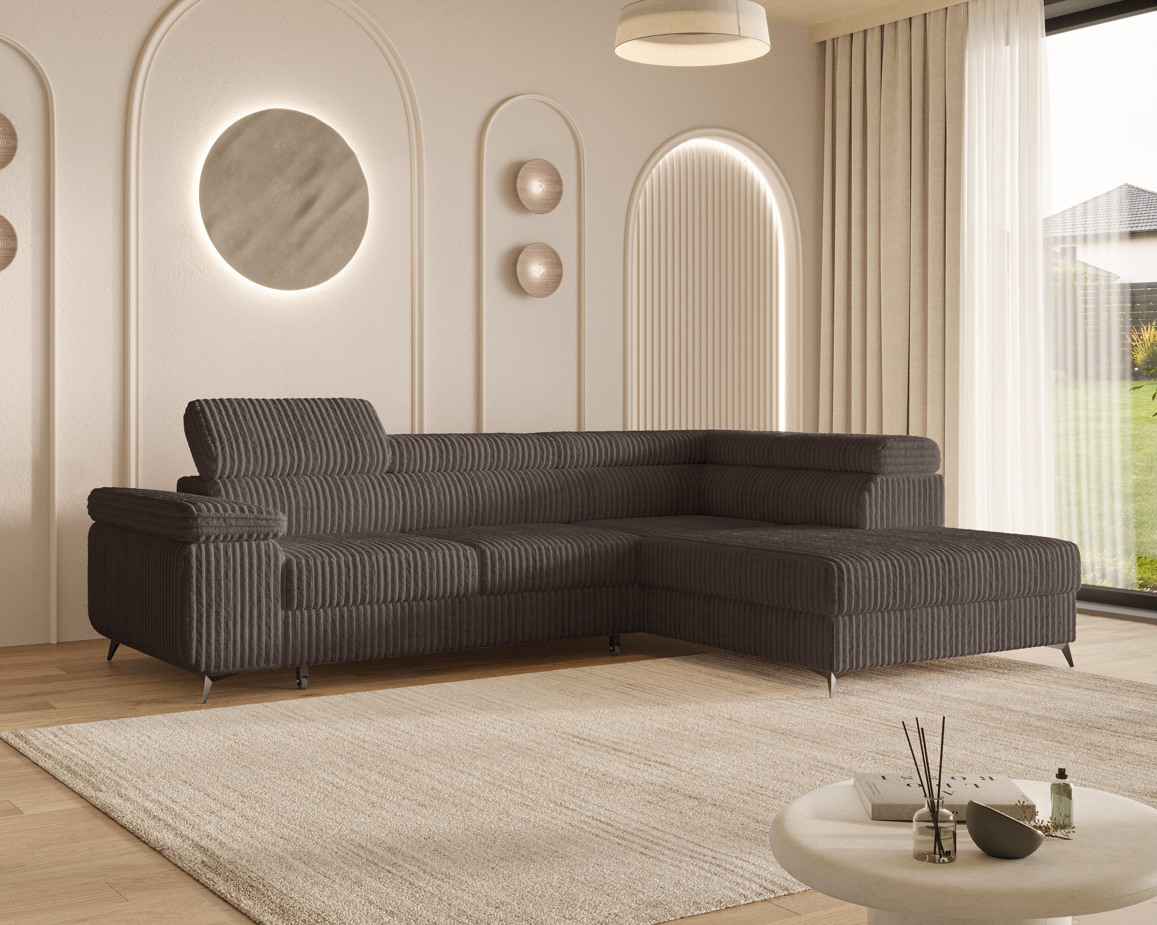 MOEBLO Ecksofa OSTIN, 290 cm – Modernes L-Sofa mit Schlaffunktion, Bettkasten und verstellbaren Kopfstützen, Cord oder Strukturstoff, - (BxHxT): 290 x 75–90 x 202 cm