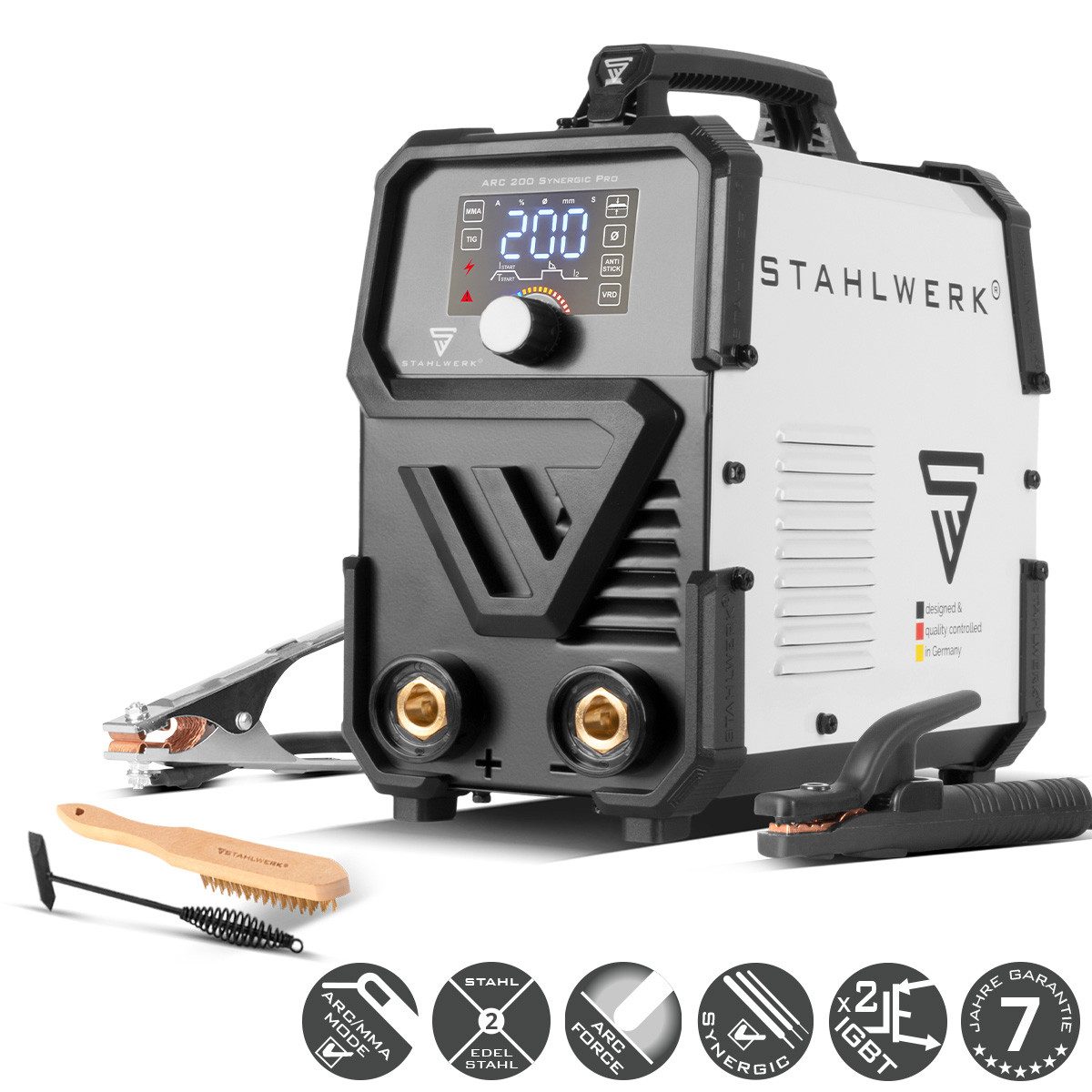 STAHLWERK Inverterschweißgerät ARC 200 Synergic Pro vollsynergischer MMA Inverter, 10 - 200 A, Packung}, 6-tlg., Einzelgerät, mit 200 Ampere und IGBT Technologie