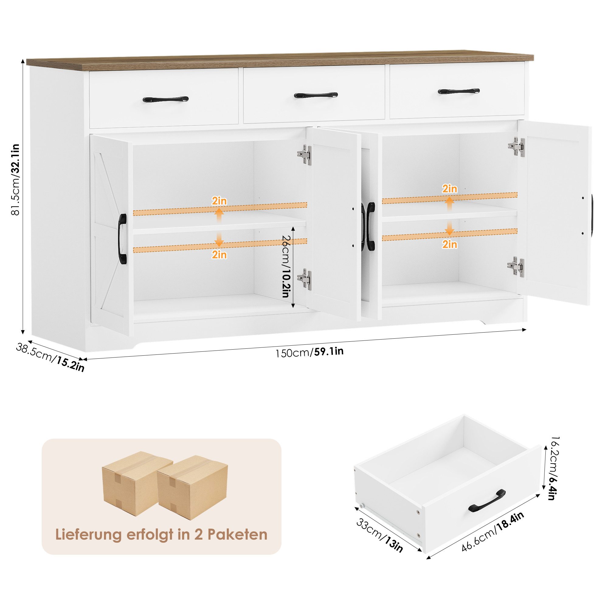 HOMECHO Sideboard, 150cm Breit Küchenschrank mit Arbeitsplatte 4 Türen 3 Schubladen