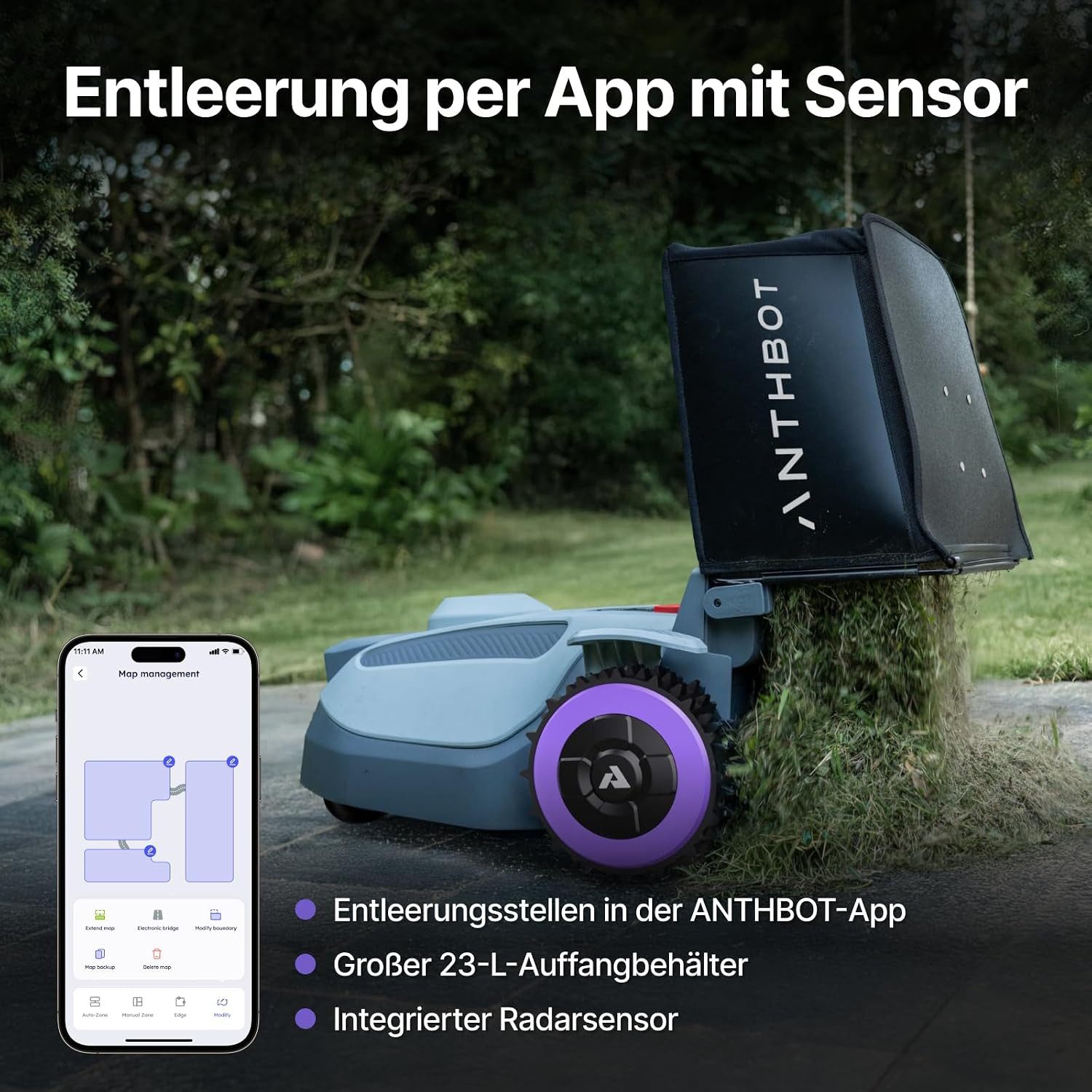 ANTHBOT Rasenmähroboter N8 Serie ohne Begrenzungskabel, 4-in-1, 23L Fangkorb, Auto-Entleerung, bis 1500 m² Rasenfläche, (Mähen, Mulchen, Grasschnitt sammeln & t – Bild 4 von 5