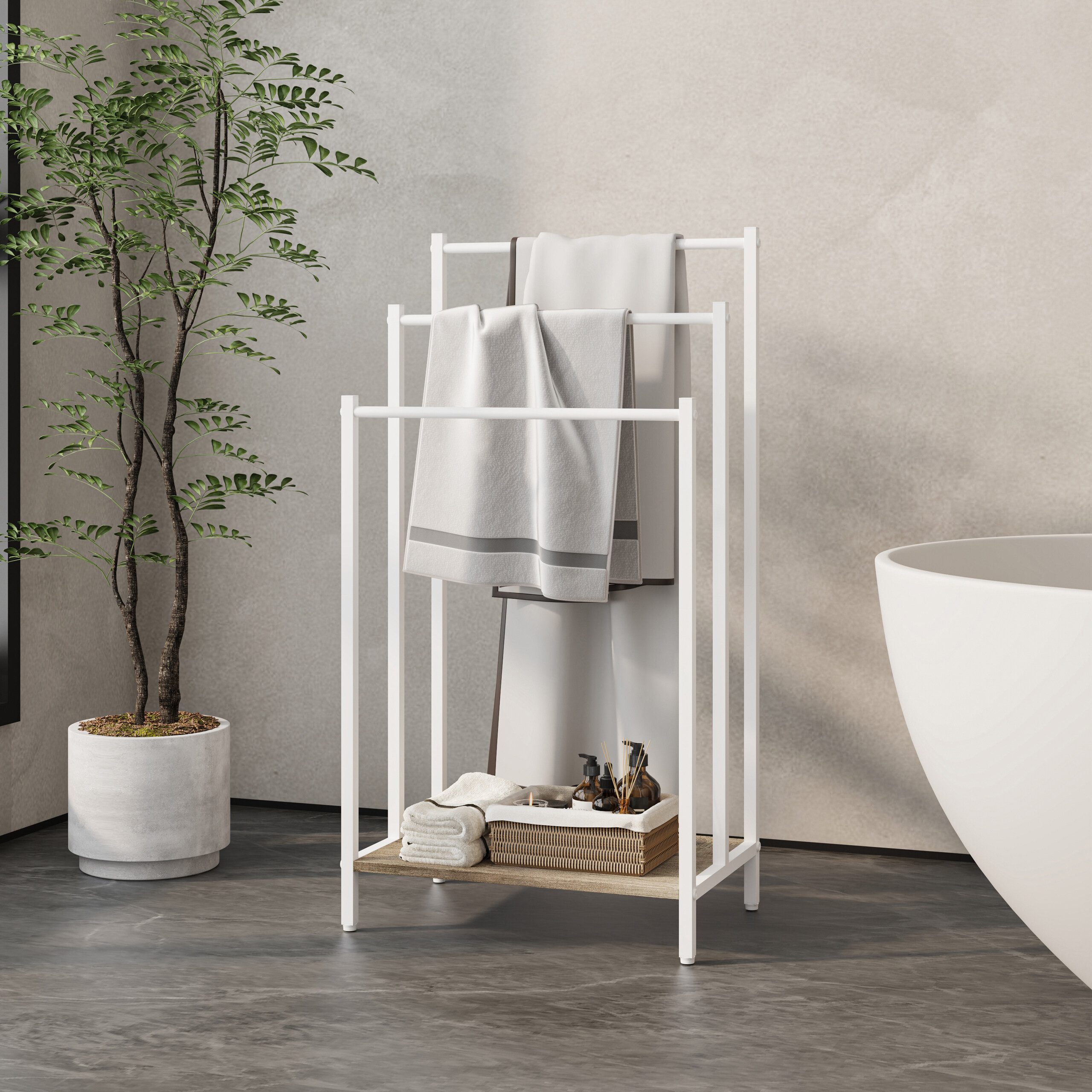 relaxdays Handtuchständer mit Ablage, Holzoptik-Weiß günstig online kaufen