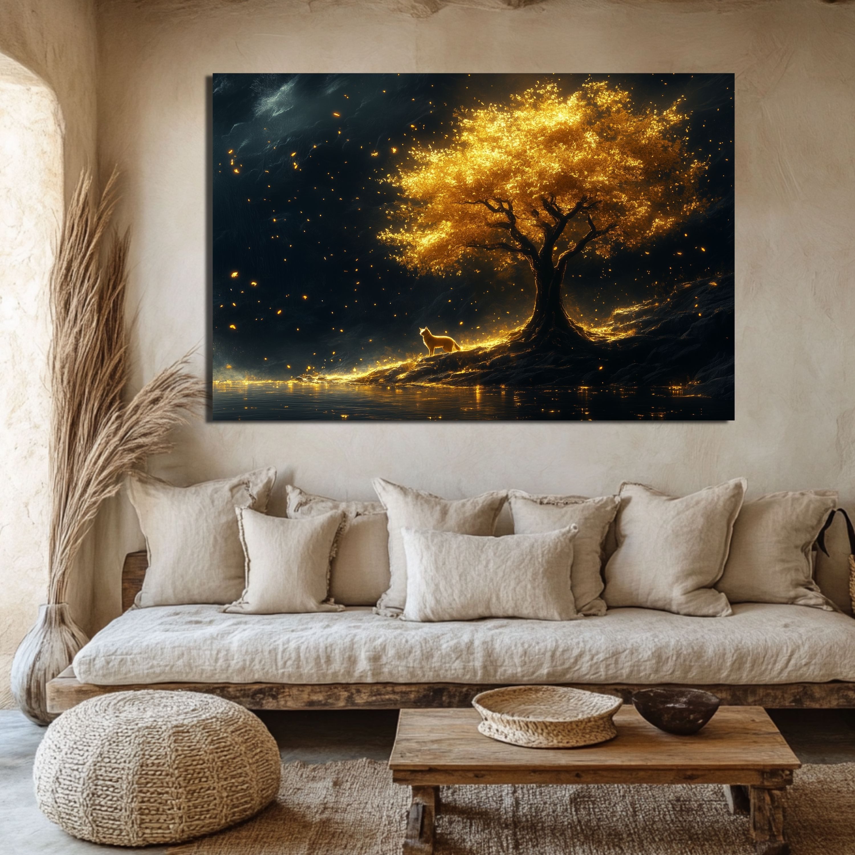 DARO Design Leinwandbild Modern Abstrakt Wandbilder XXL Wandbild Wand Deko Leinwand Bilder, (Katze am goldenen Baum - Bild groß Wohnzimmer Esszimmer Schlafzimme – Bild 3 von 5