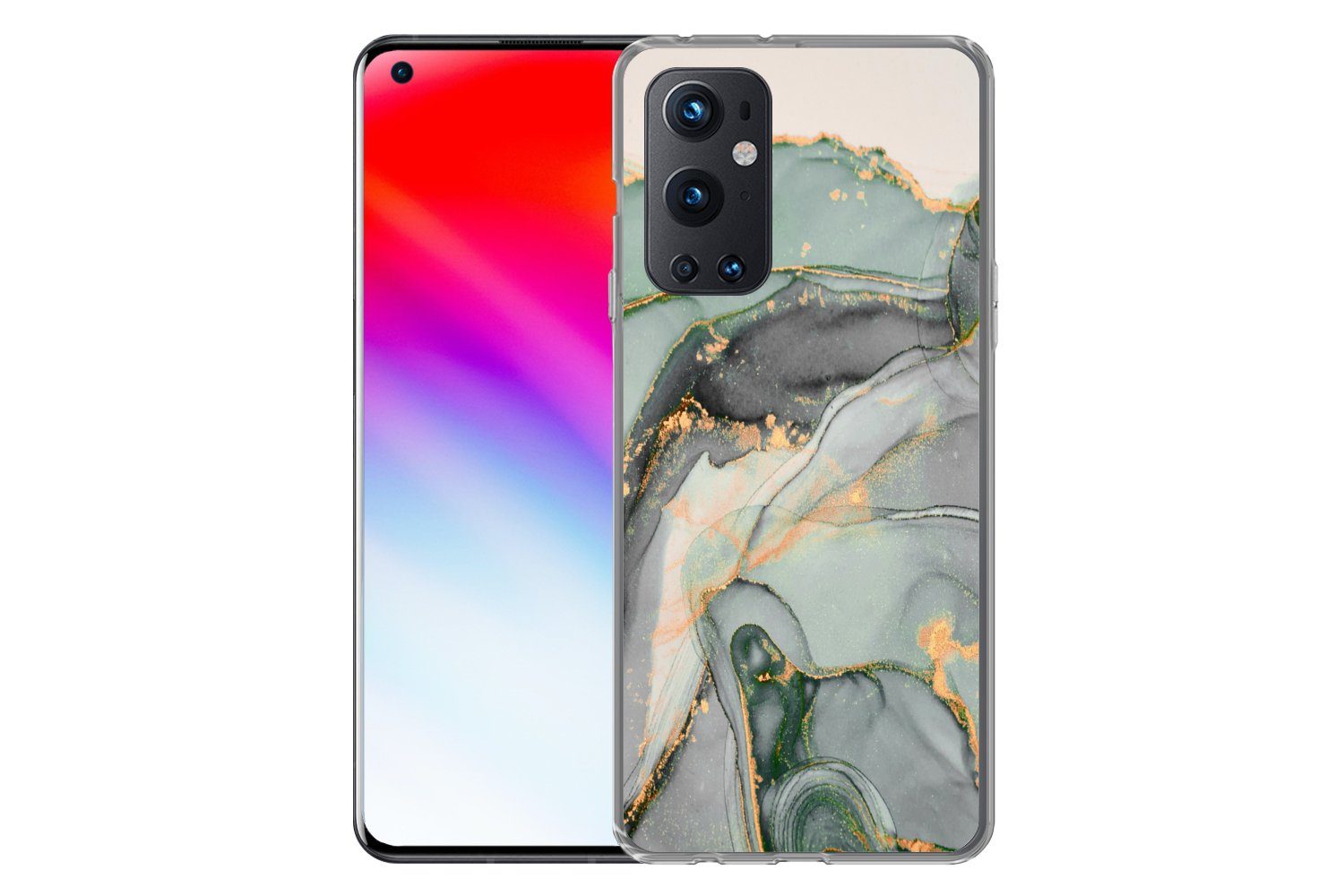 MuchoWow Handyhülle für OnePlus 9 Pro Gold - Marmor - Grün - Luxus - Glitzer - Marmoroptik, Phone Case, Silikon, Schutzhülle Dünn