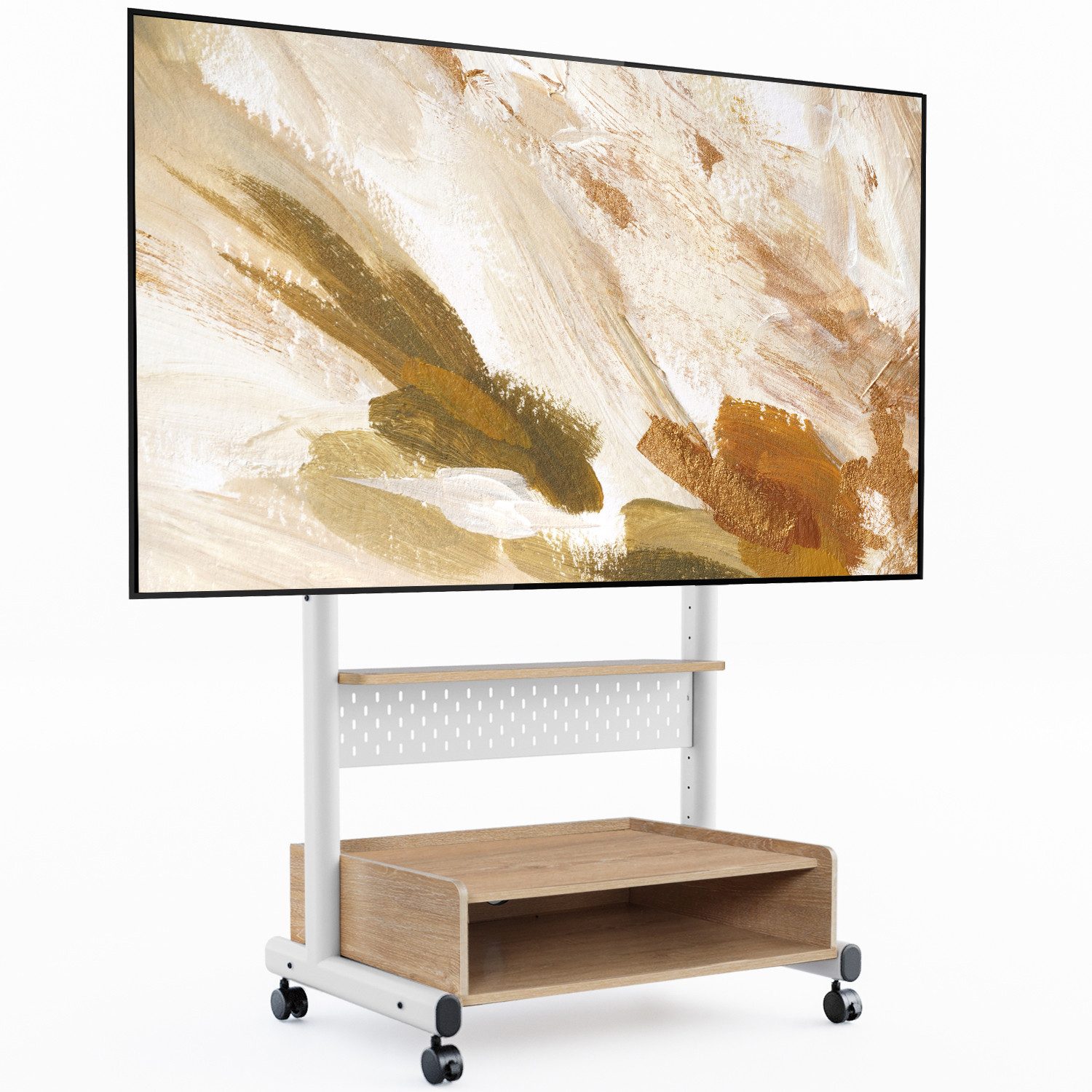 FITUEYES TV-Ständer auf Rollen mit Ablagefläche, Staufach, Lochwand, 40-85 Zoll, (bis 85,00 Zoll, höhenverstellbar, mit Rollen)