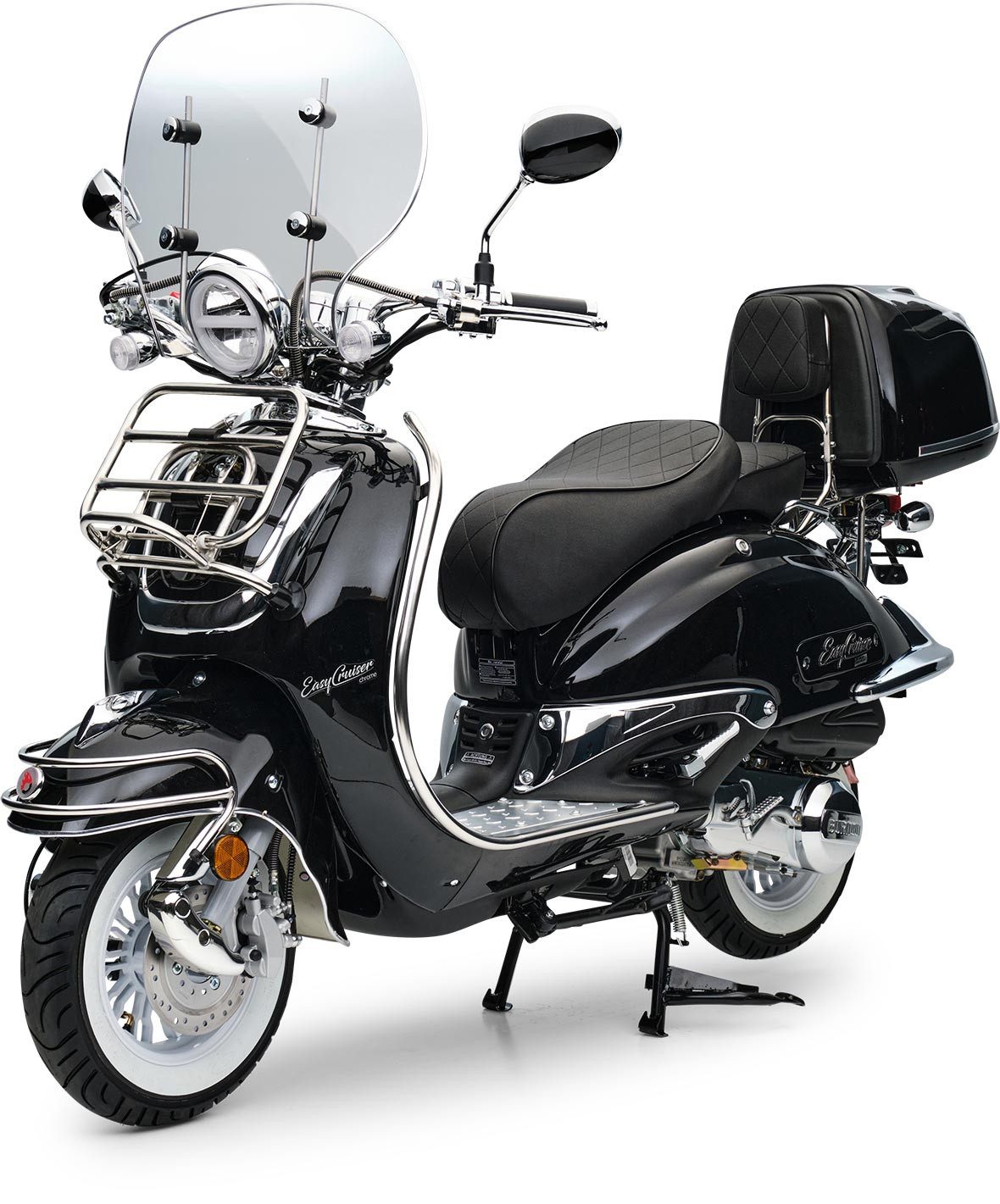 Burnout Motorroller EasyCruiser Chrom Schwarz, 50 ccm, 45 km/h, Euro 5, LED Beleuchtung, Digitales Tacho, Retro, mit Windschild & Topcase, USB