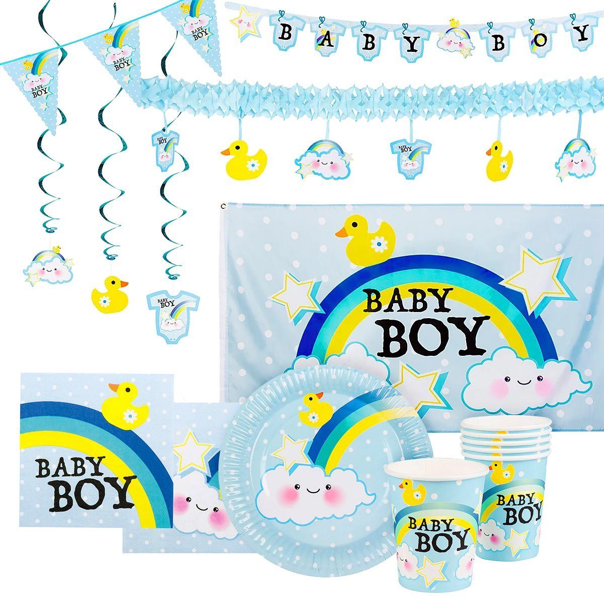 Metamorph Einweggeschirr-Set Baby Party Deko Set Boy 31-teilig, Pappe, Papier, PVC, Polyester, PET, Süßes Babyshower Party Deko Set Boy bestehend aus 31 Einzelteilen.