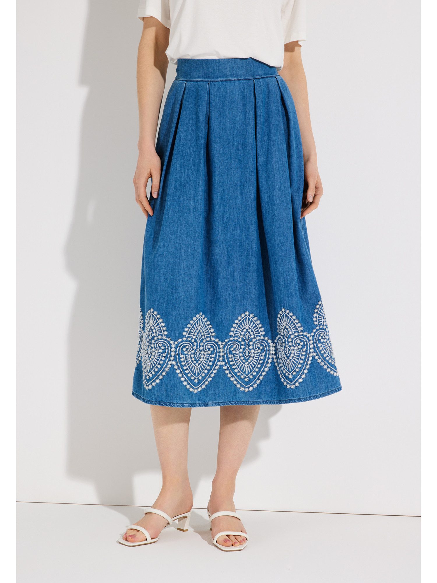 MORE&MORE A-Linien-Rock softer Midi-Jeansrock, bestickt
