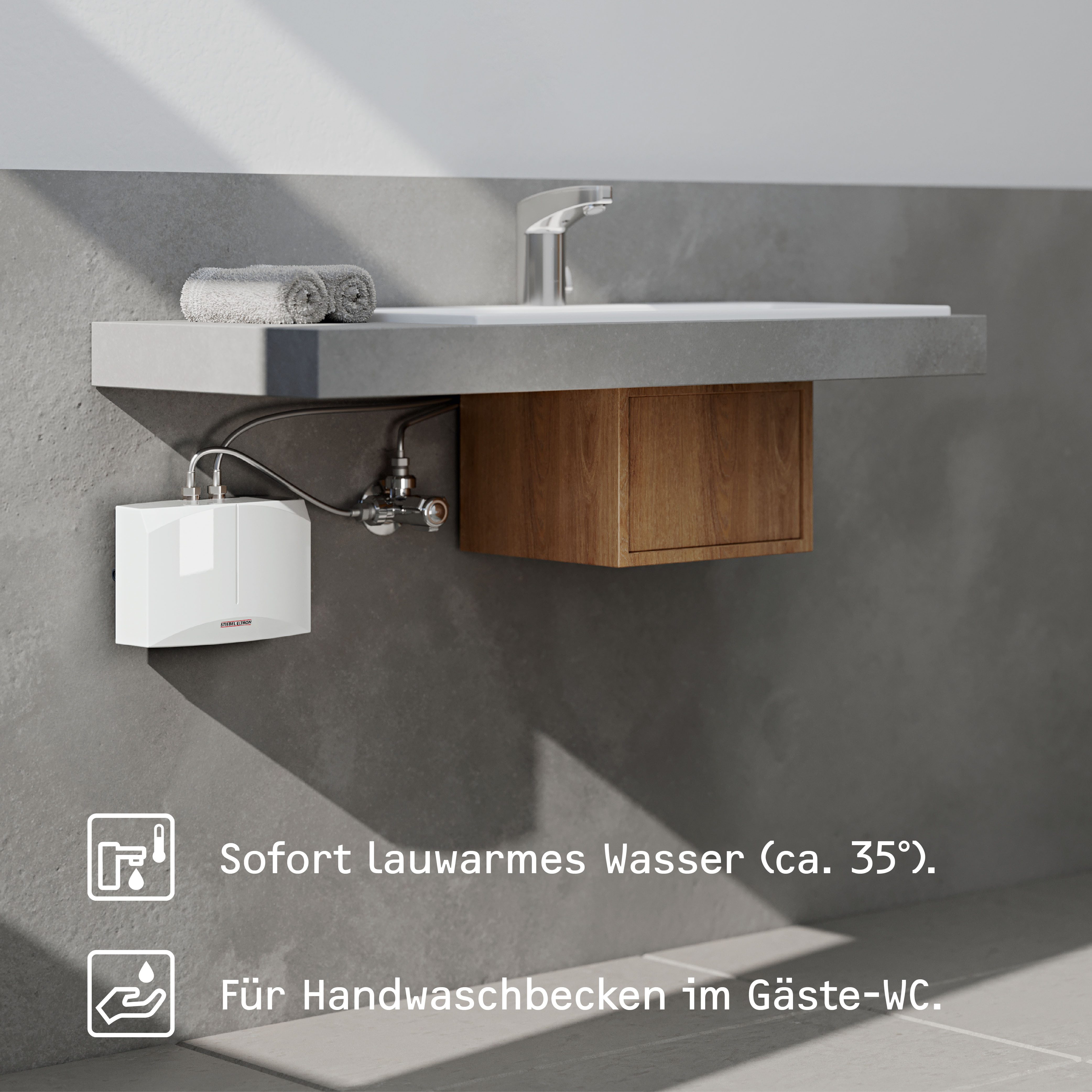 STIEBEL ELTRON Klein-Durchlauferhitzer DEM 6 für Handwaschbecken, 5,7 kW, ohne Stecker, Festanschluss 230V, elektronisch, max. 38 °C, elektronisch, sofort handwarmes Wasser (ca. 35°C)