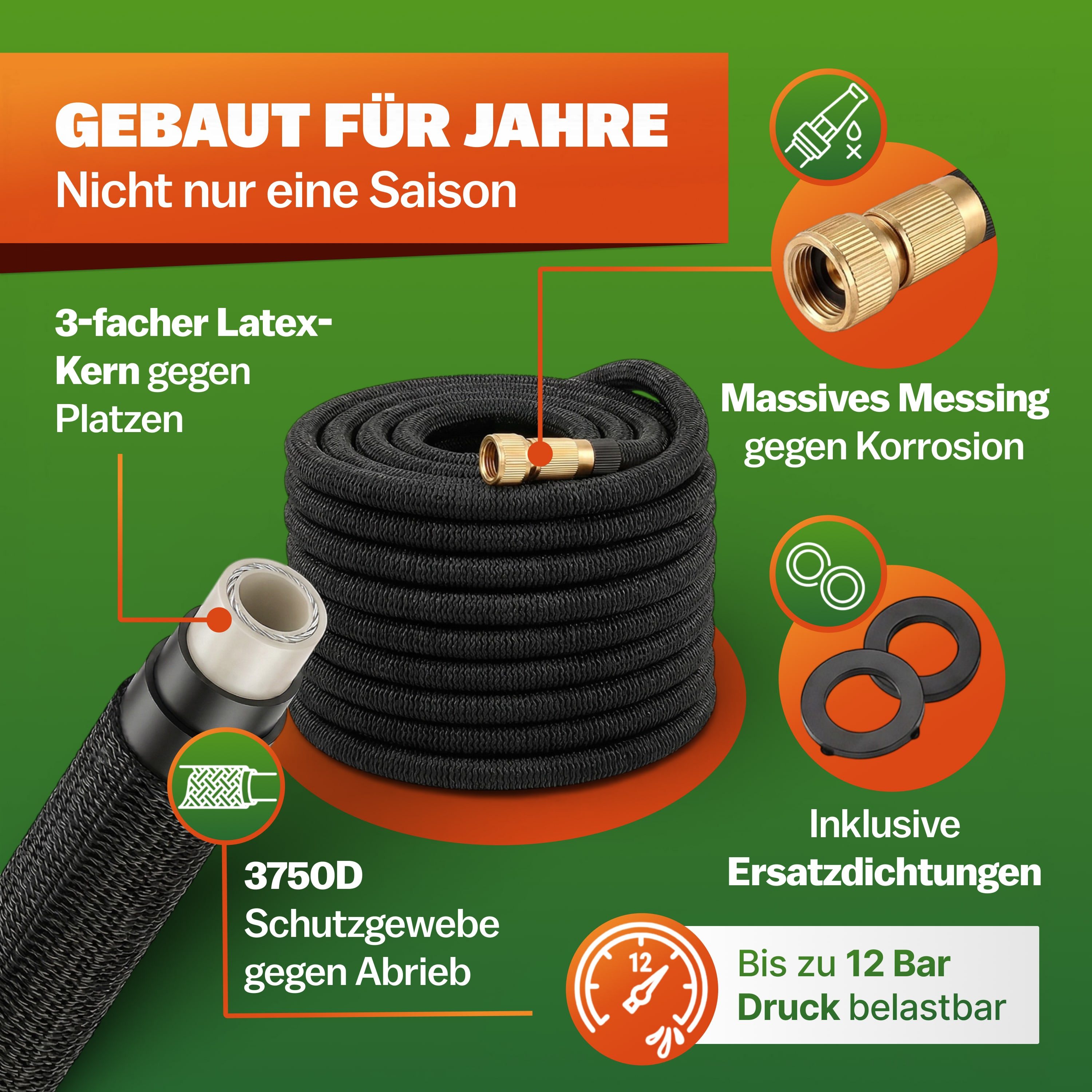 Gardebruk Bewässerungsschlauch, 7,5m 3fach Latexkern Vollmessing Adapter 1/2" 3/4" Zoll Tasche Grün