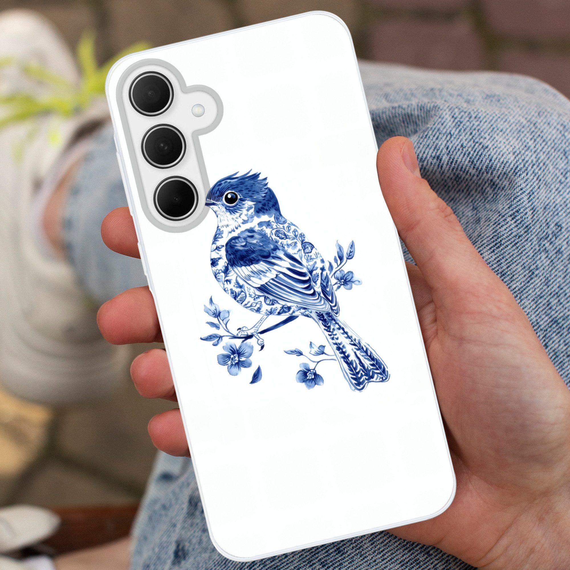 MuchoWow Handyhülle für Samsung Galaxy A35 5G Vogel - Delfter Blau - Illustration - Blumen, Smartphone-Bumper, Print, Handy Schutzhülle Dünn