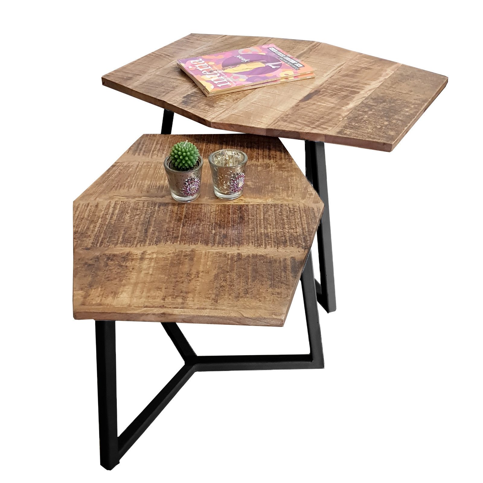 Amagohome Couchtisch 2er-Set sechseckige Couchtische München aus massivem Mangoholz & Eisen