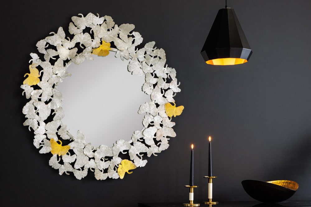 riess-ambiente Wandspiegel GINKGO LEAFS XL 90cm gold / silber (1-St), Wohnzimmer · Metall · rund · Dekoration · mit Rahmen · Handmade