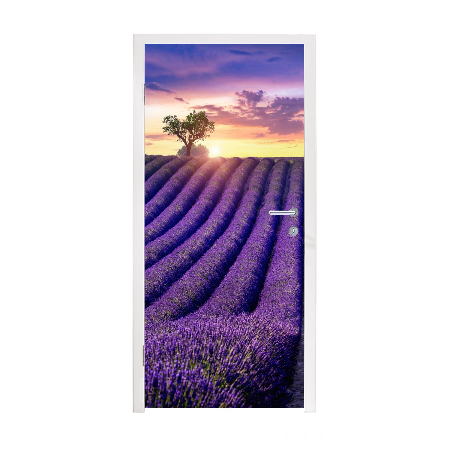 MuchoWow Türtapete Lavendel - Hügel - Sonnenuntergang - Bpmen - Lila, Matt, bedruckt, (1 St), Fototapete für Tür, Türaufkleber, 75x205 cm