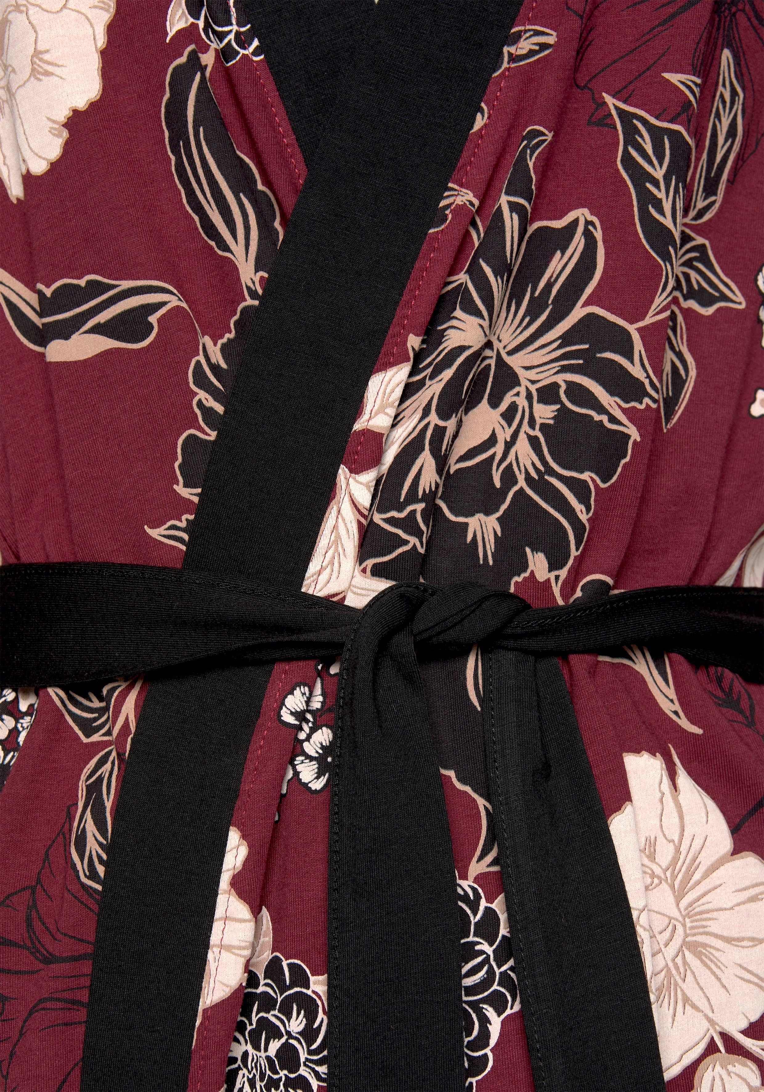 Blumen-Dessin Baumwoll-Mix, mit bordeaux-schwarz Kimono, s.Oliver Gürtel, Kurzform,