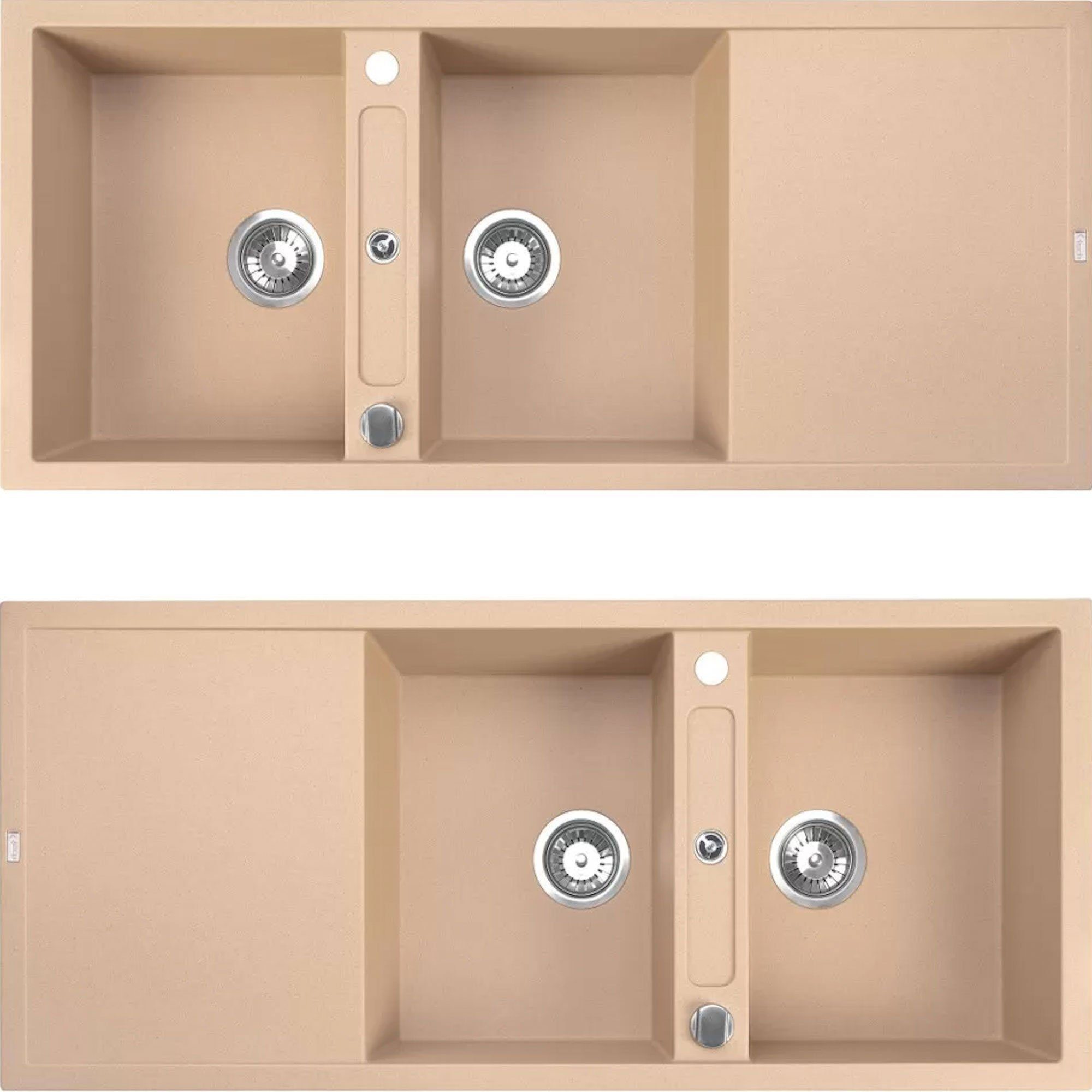 Homeline Granitspüle Doppel Granitspüle Küchenspüle SQ 1160x510 08, Eckig, 116/51 cm, Hahnloch Granitspüle, (Spar Set, Exenterbetätigung), Wechselseitig Einbau möglich Granitspüle