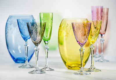 Crystalex Weinglas Weingläser Weinglas Kristallgläser Floral 250 ml 6er Set, Kristallglas, Gravur, 6 unterschiedliche Farben, Kristallglas, Bohemia