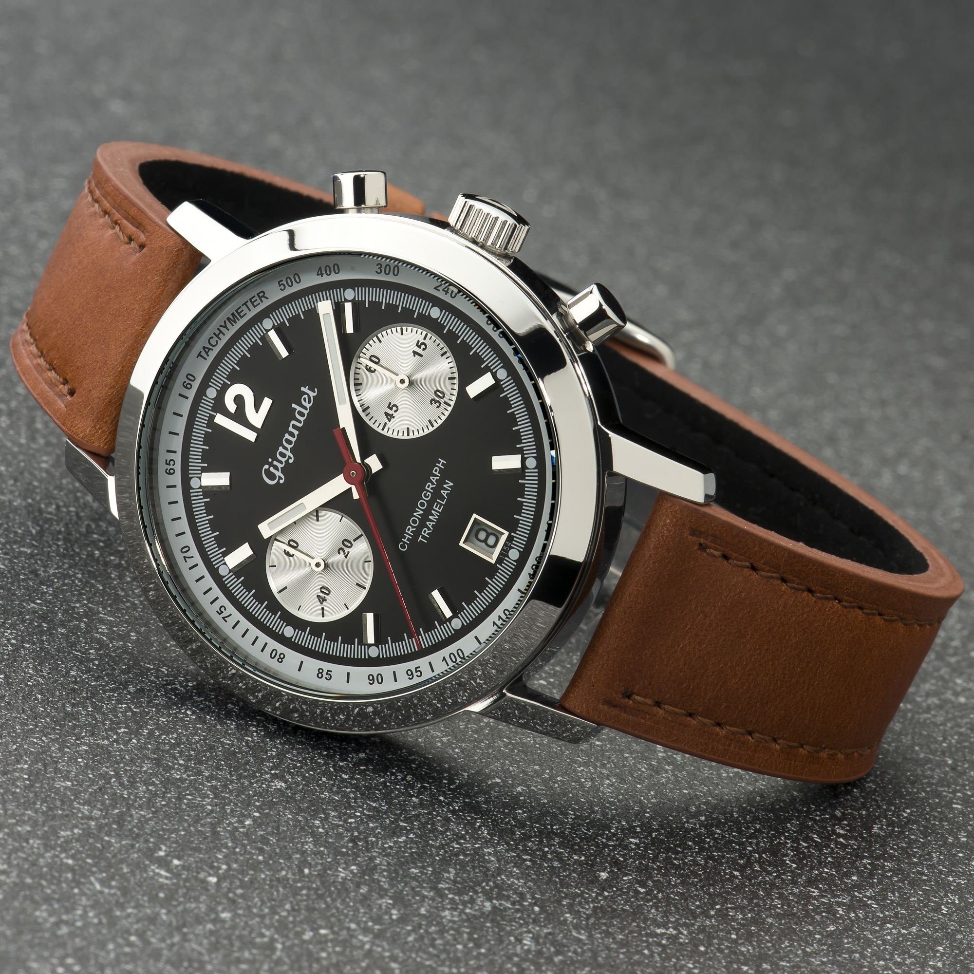 Gigandet Chronograph Armbanduhr, Herrenuhr, Sportuhr, 43mm, TRAMELAN G10-006, Mineralglas, Datumsanzeige, Lederband, 10bar/100m wasserdicht