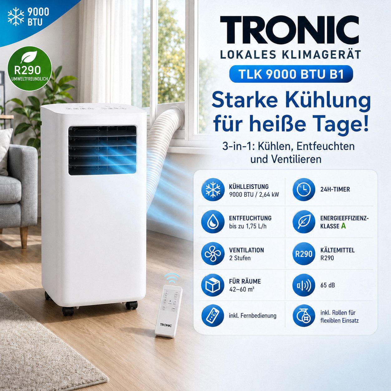 Tronic 3-in-1-Klimagerät, 9000 BTU Kühlleistung für Räume mit 42 bis 60 m³