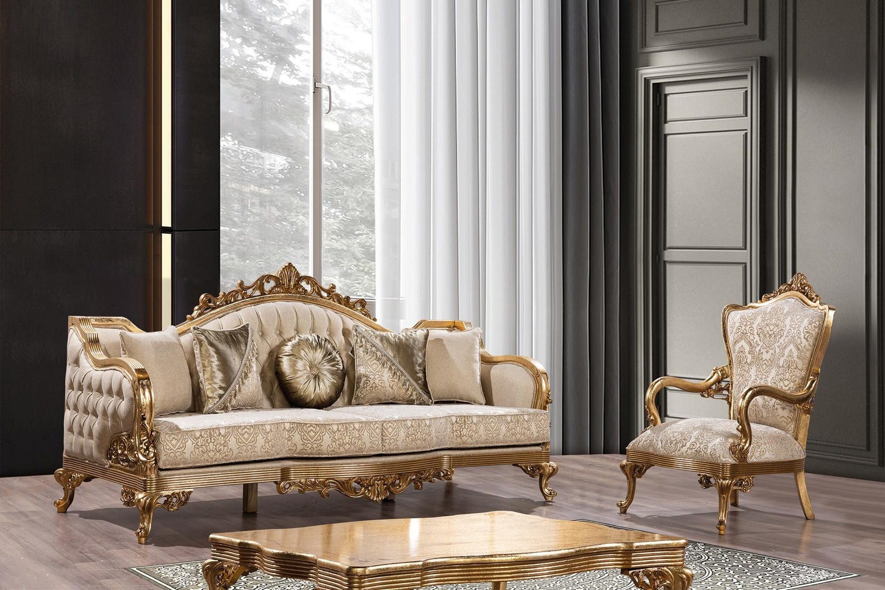 Xlmoebel Polstergarnitur Goldene Couch Klassische Sofagarnitur mit Couchtisch aus Stoff, (Polstergarnitur, 3-tlg., Sofagarnitur mit Couchtisch), Made in Europa