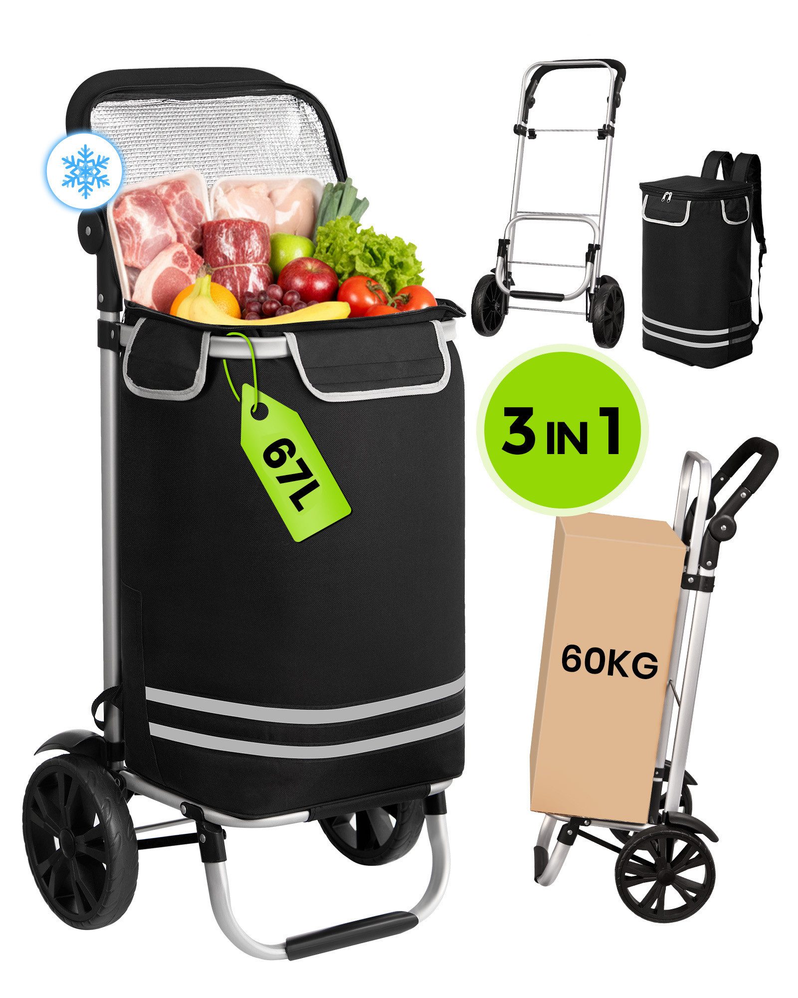 Oak&Tea Einkaufstrolley 3 in 1 Klappbarer Einkaufswagen mit Kühlfach, 67 l, Faltbarer Transportwagen, Wasserdicht, Rucksackfunktion bis 60KG