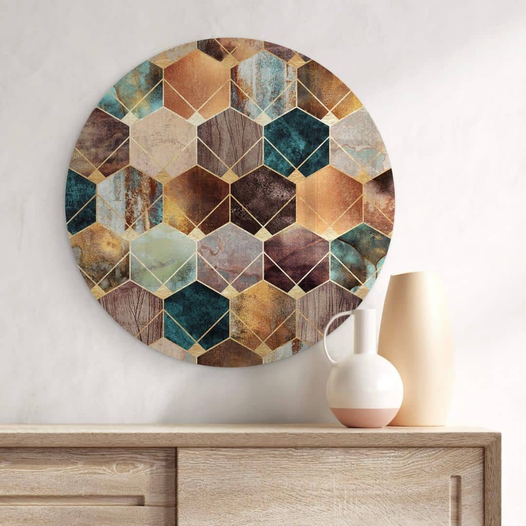 K&L Wall Art Glasbild Glas Wandbild Rund Glasbild geometrisch Fredriksson Gold Kupfer, Wandschutz Deko Bilder