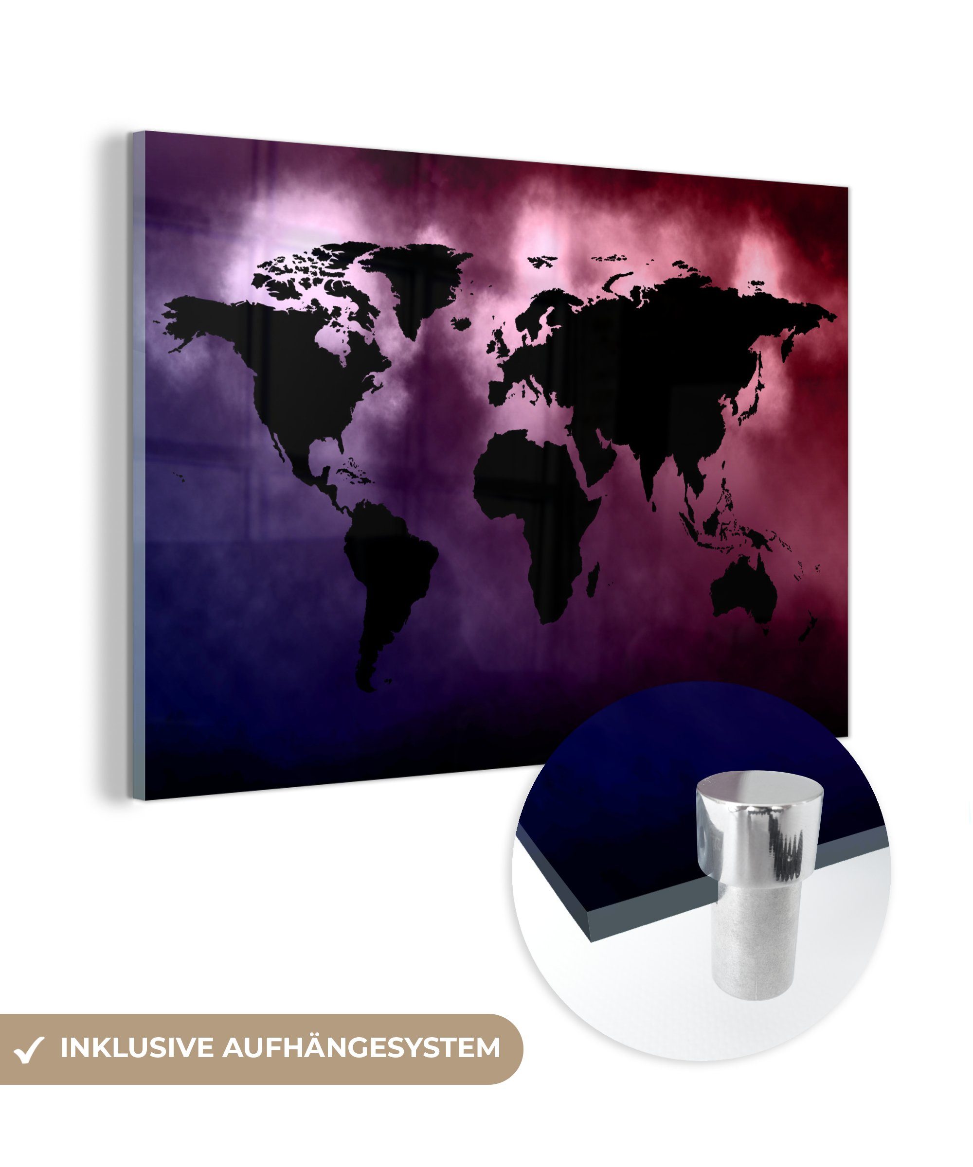 MuchoWow Acrylglasbild Weltkarte - Schwarz - Rosa, (1 St), Glasbilder - Bilder auf Glas Wandbild - Foto auf Glas - Wanddekoration