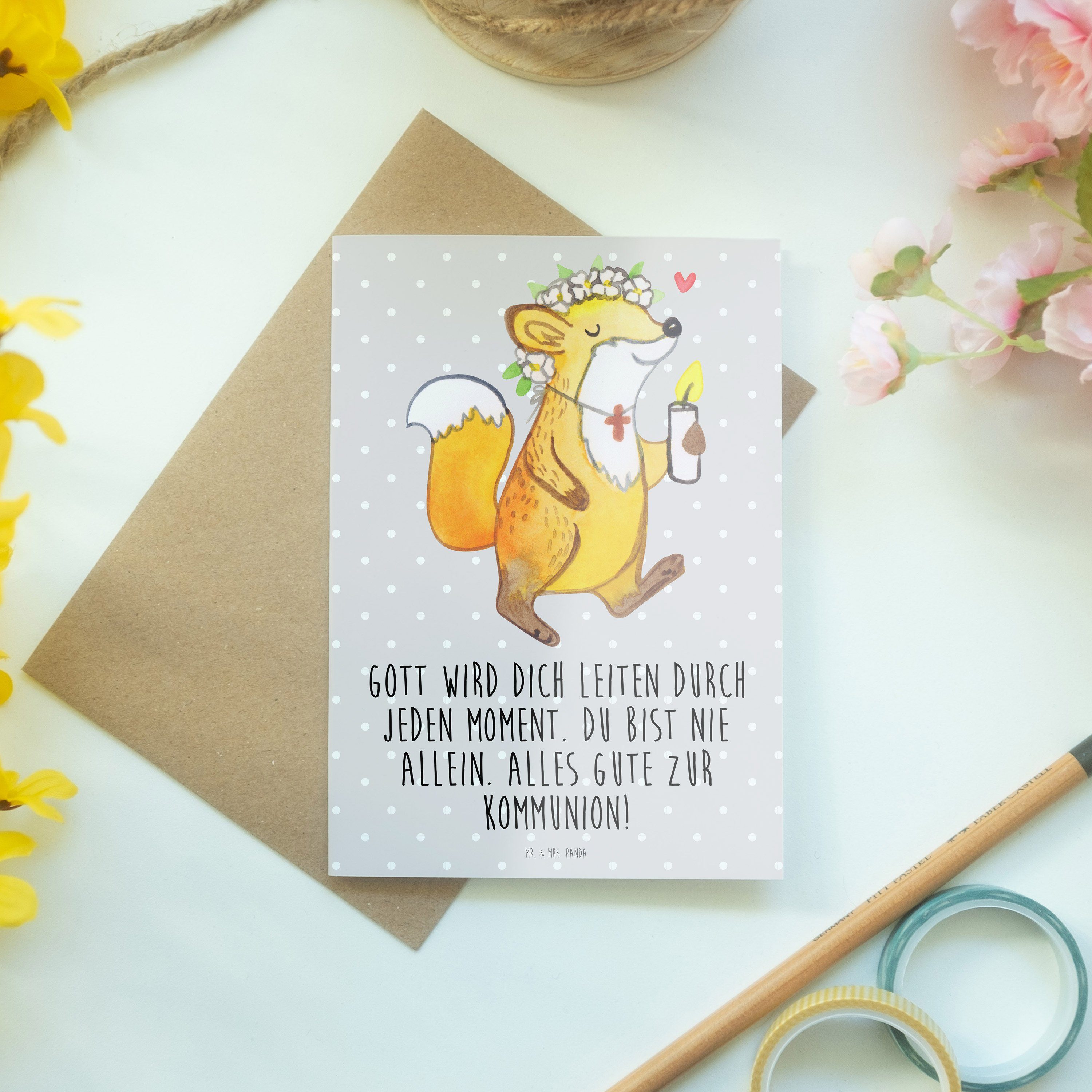 Mr. & Mrs. Panda Grau Kommunion Fuchs Grußkarte Geburtstagskarte Pastell - Geschenk, Mädchen 