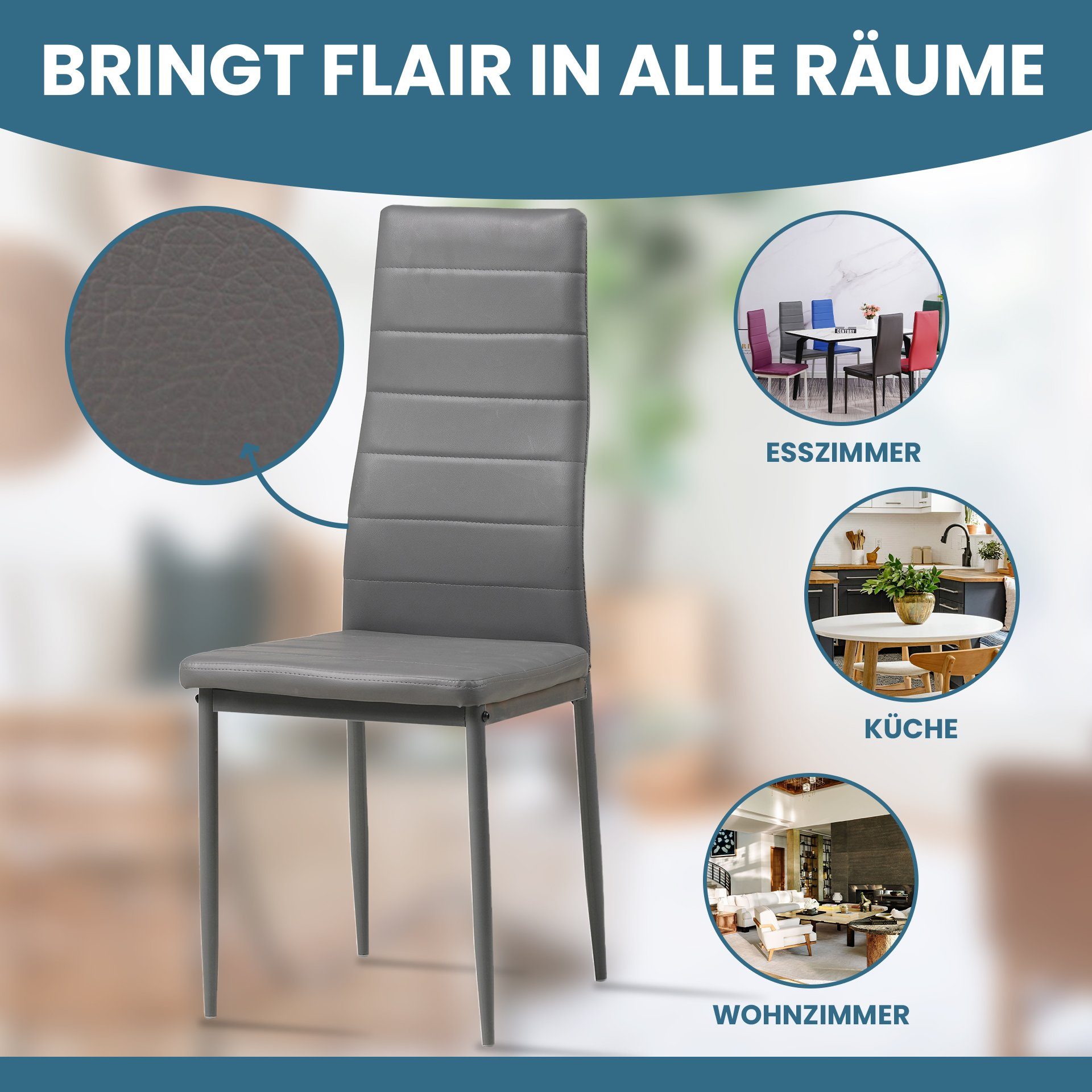 Albatros International Esszimmerstuhl Esszimmer Stühle 4 er Set MILANO, Stuhl Stühle Esszimmerstühle, Küche (6er Set, Grau, Kunstleder Bezug), Küchenstuhl Küche – Bild 4 von 5